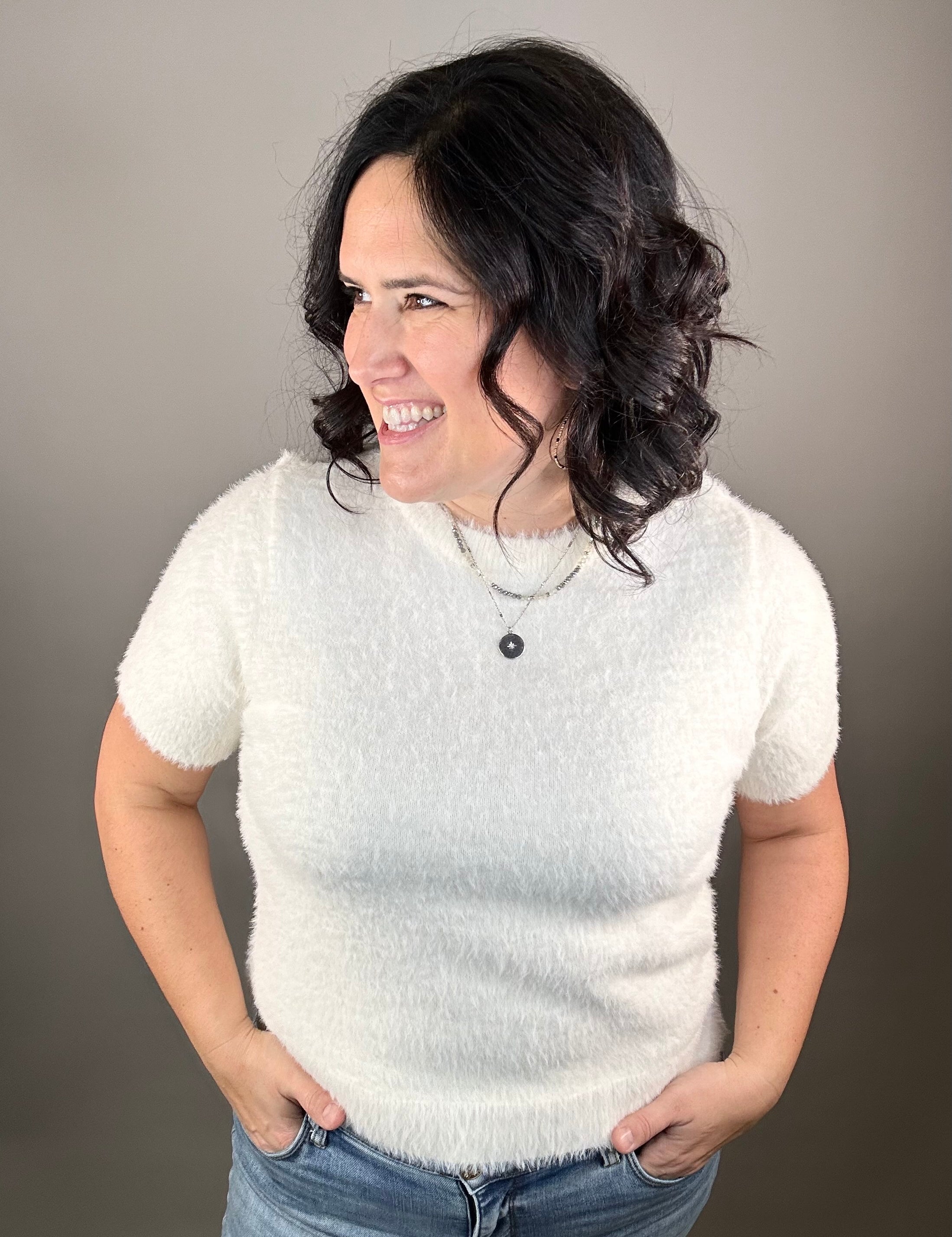 Ivory Fluffy Short Sleeve Sweater Top - Sweater STACCATO