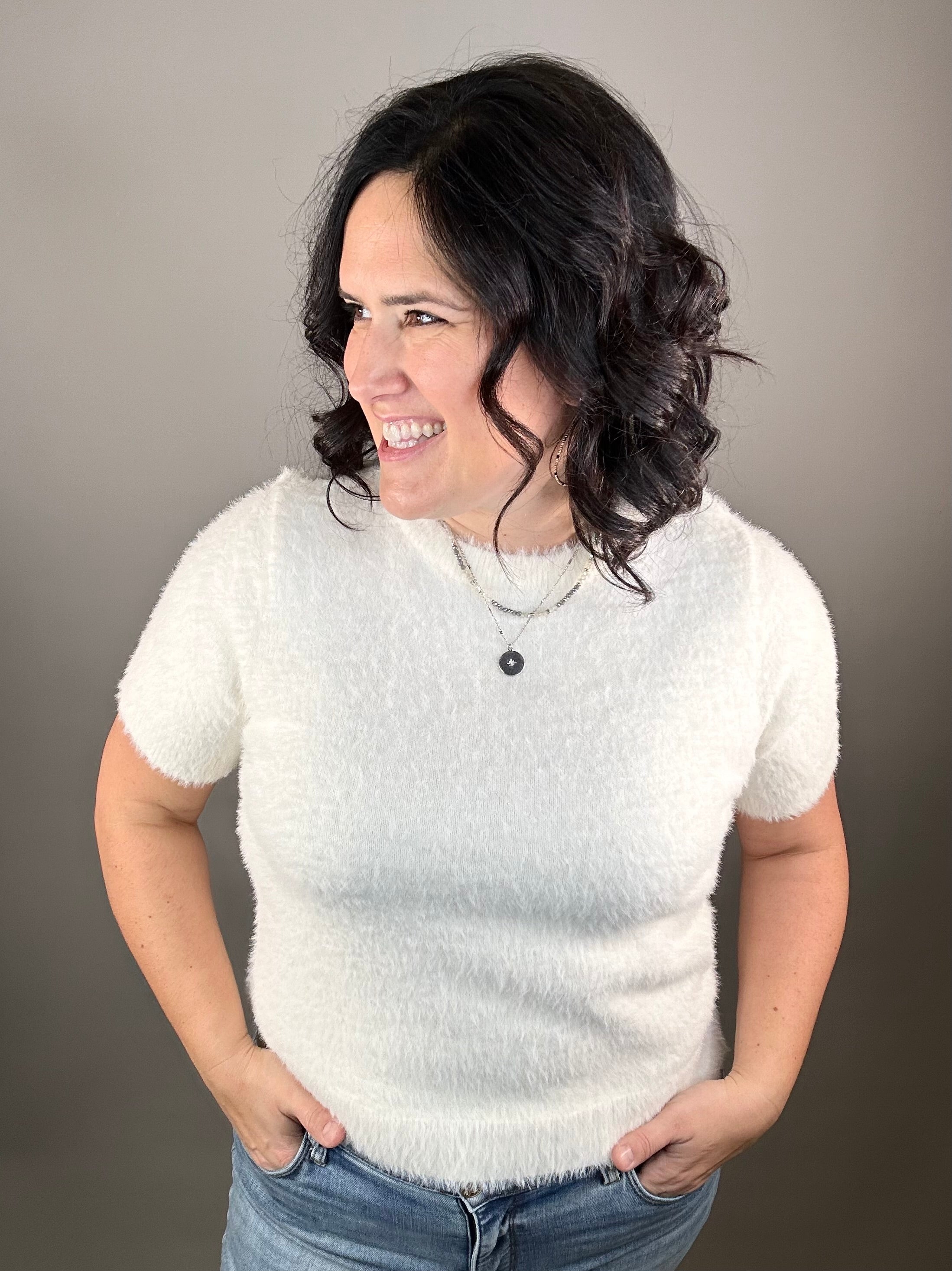 Ivory Fluffy Short Sleeve Sweater Top - Sweater STACCATO
