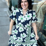 Navy Floral & Striped Mixed Media Dress