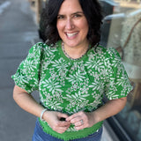 Green Leaf Embroidered Eyelet Bubble Sleeve Top