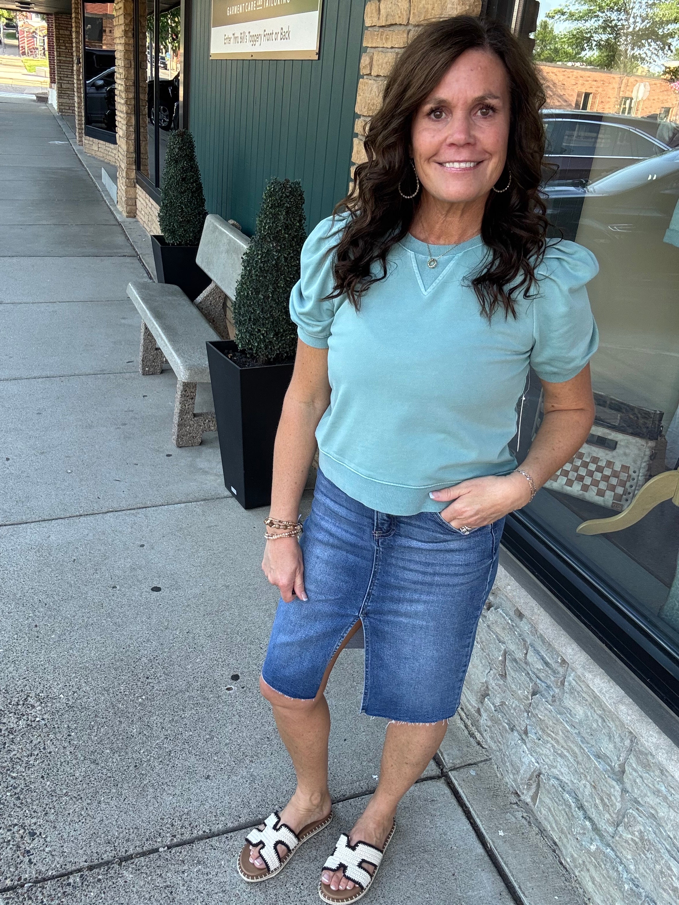Teal Bubble Sleeve Crew Neck Top Tops- Sweatshirt FATE by LFD