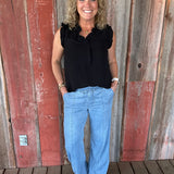 Black Frill Split Neck Blouse Tops- Blouses STACCATO