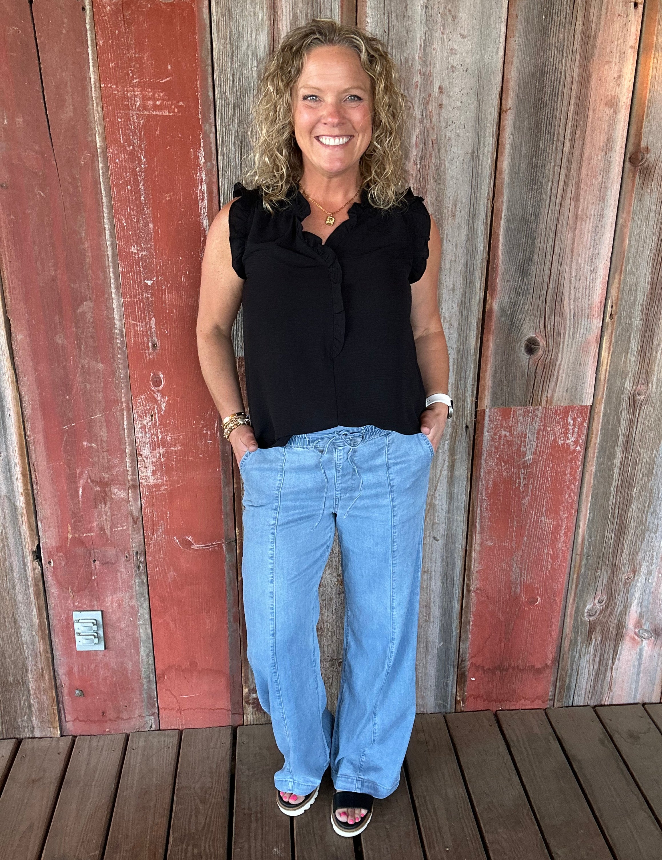 Black Frill Split Neck Blouse Tops- Blouses STACCATO
