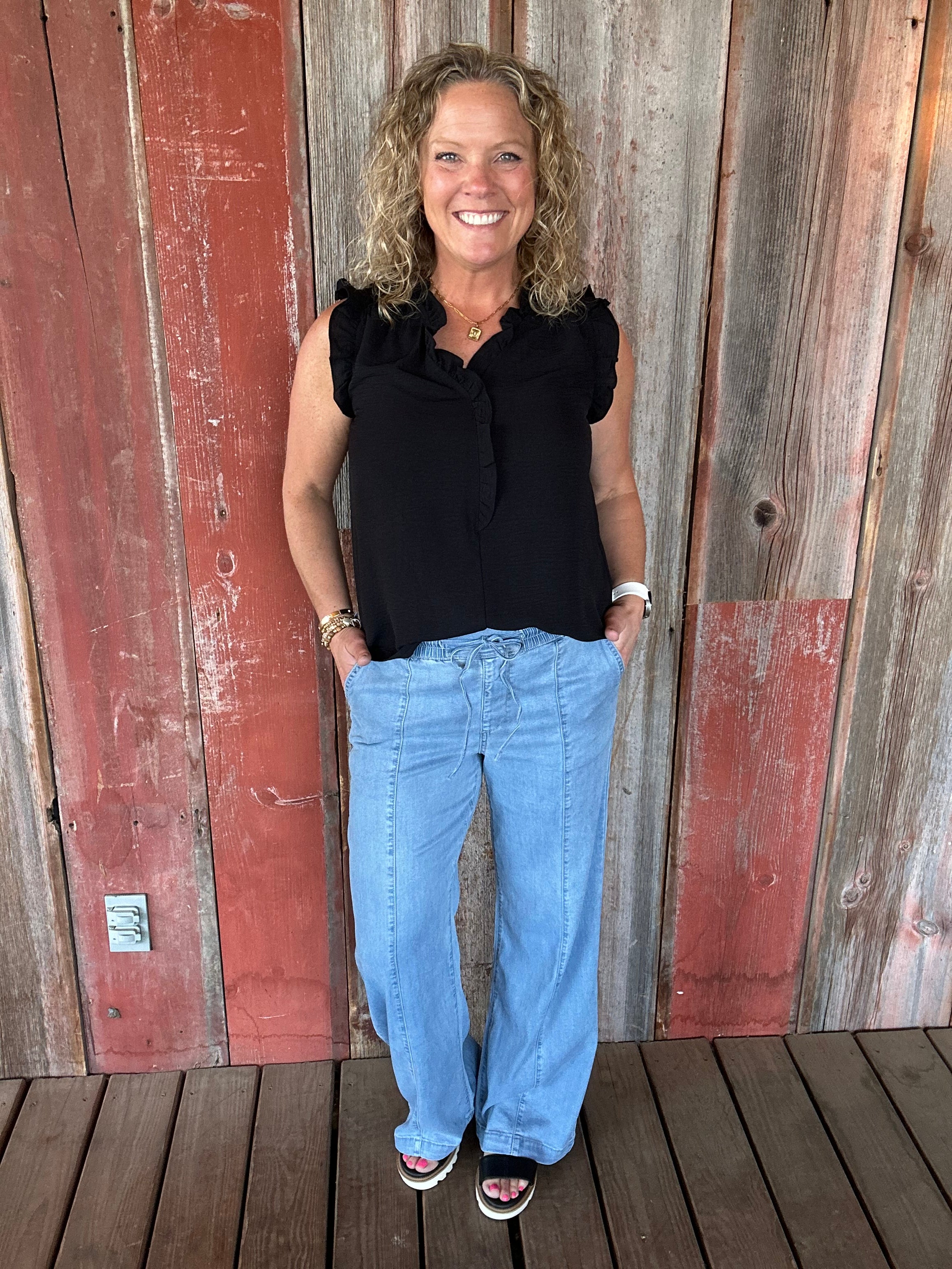 Black Frill Split Neck Blouse Tops- Blouses STACCATO