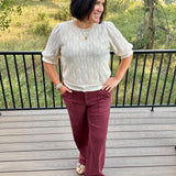 Cream Ruffle Puff Sleeve Cable Knit Top