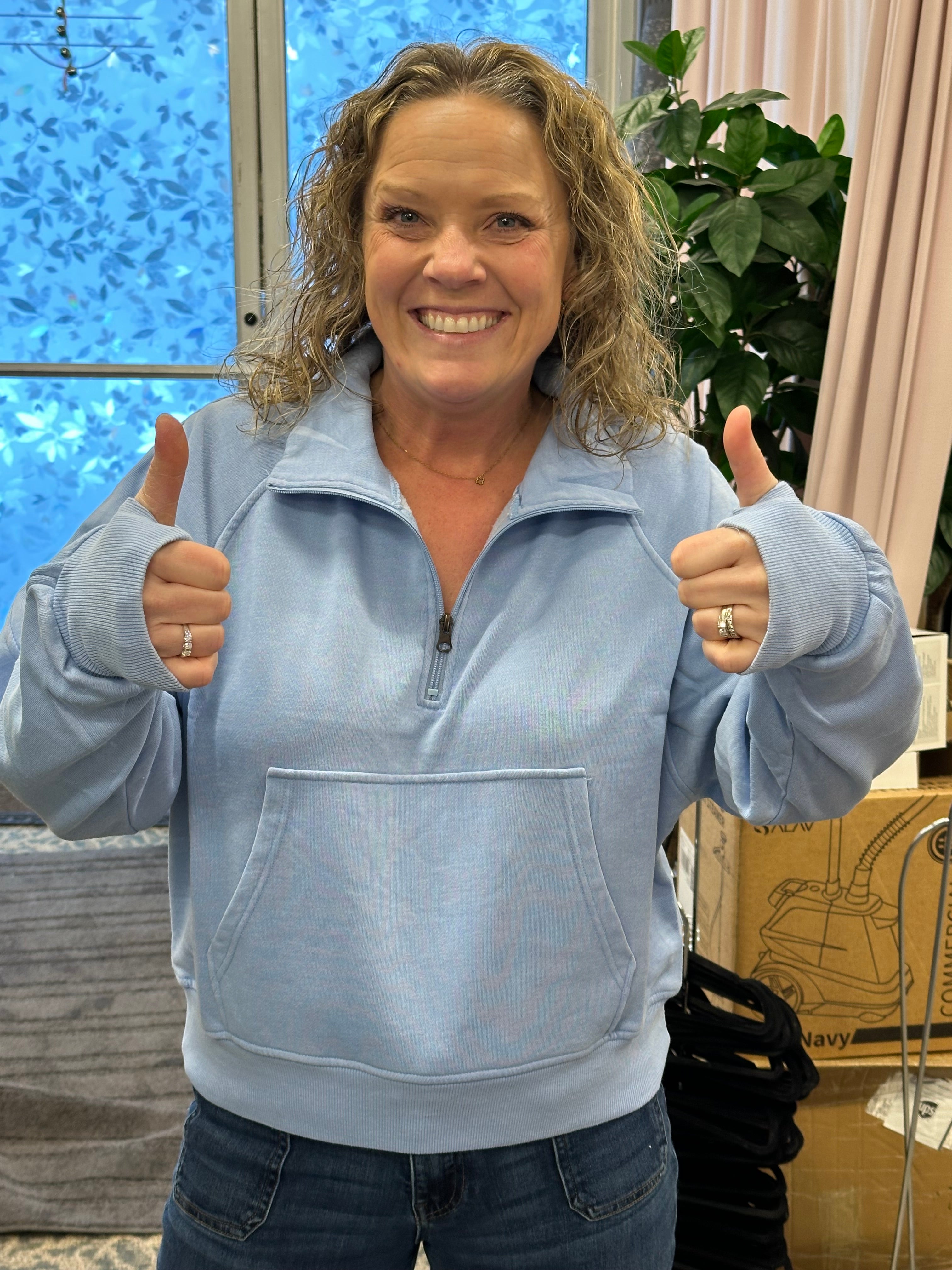 Lt. Blue Quarter Zip Sweatshirt Top - Sweatshirt PANACHE