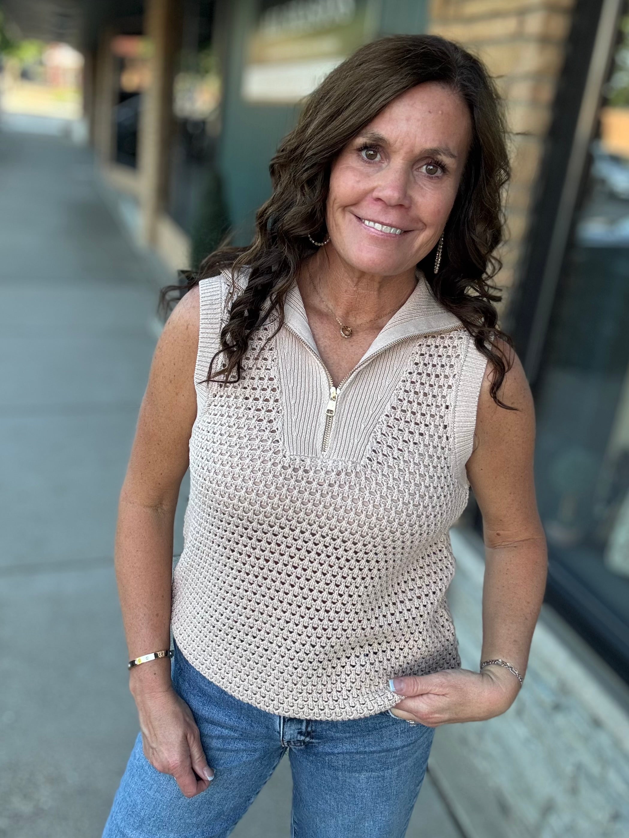 Taupe Half Zip Knit Tank Top - Sweater FATE by LFD