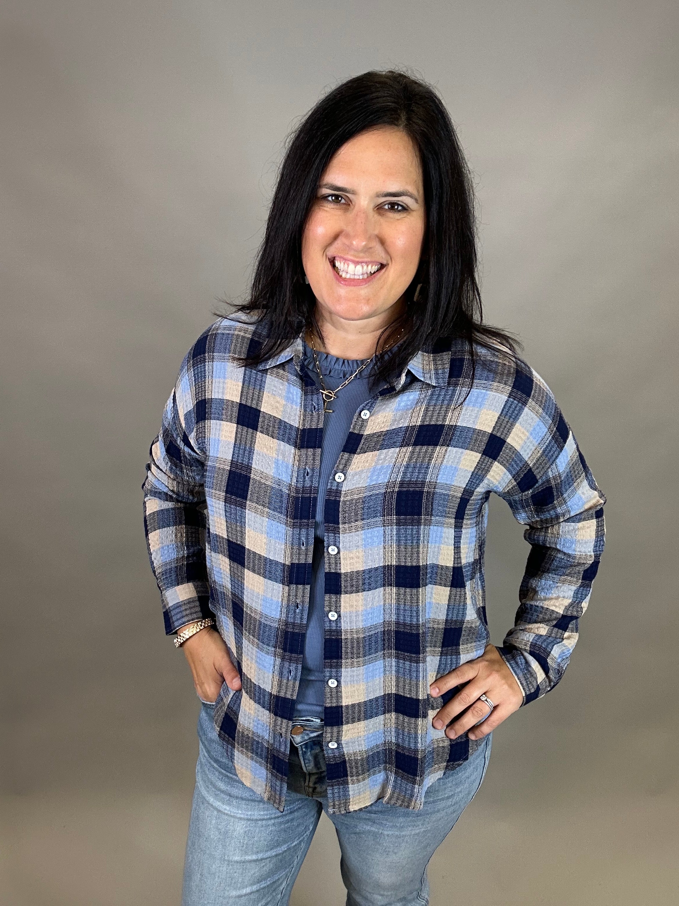Navy/Blue Leetonia Boyfriend Top Tops - Button Ups FLAG AND ANTHEM