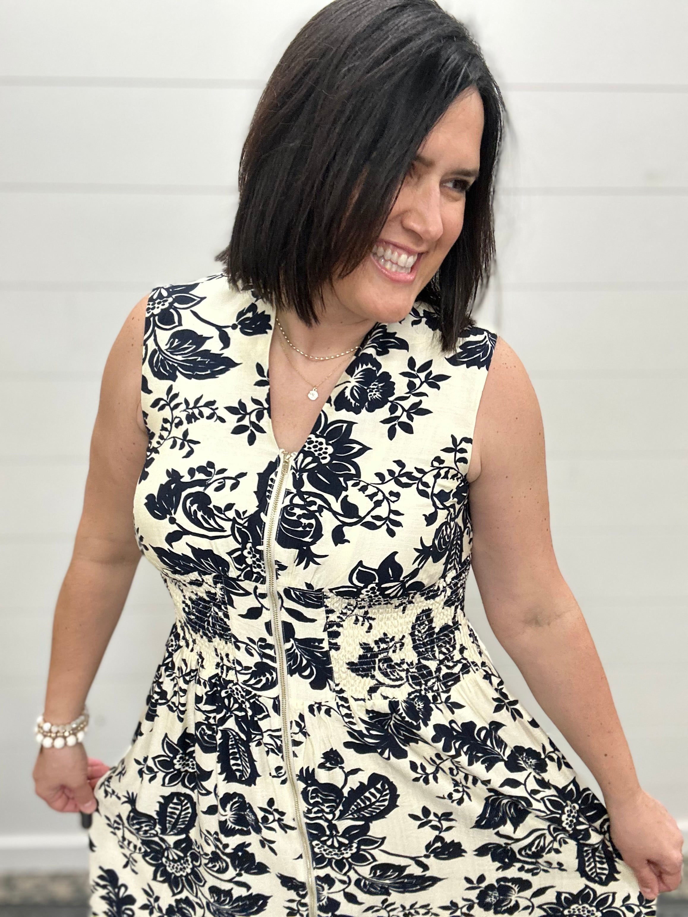 Paisley Print V-Neck Smocked Waist Zip Front Dress Dresses DOE & RAE