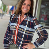 Navy Plaid Button Front Blouse Tops- Blouses THML