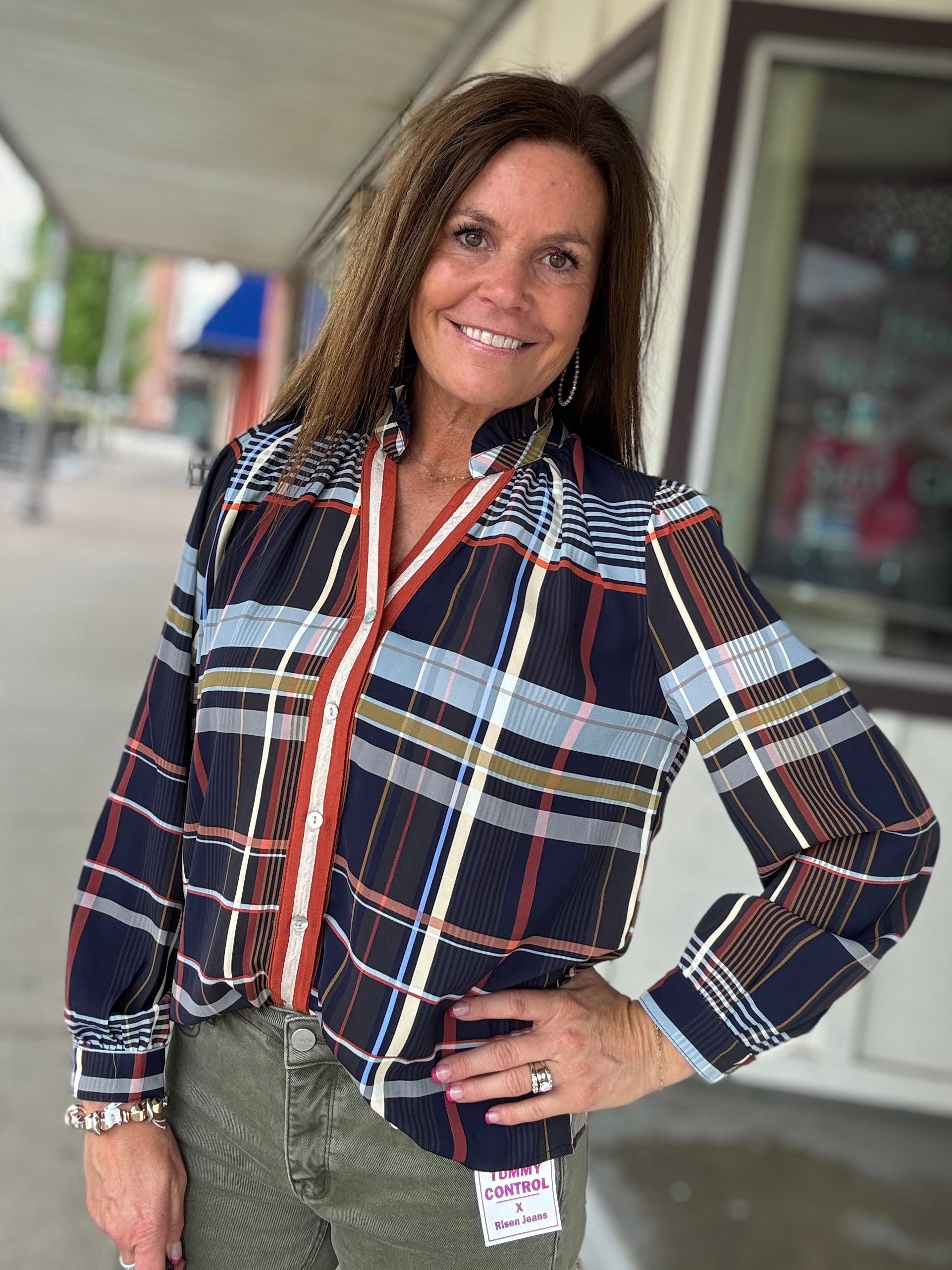Navy Plaid Button Front Blouse Tops- Blouses THML