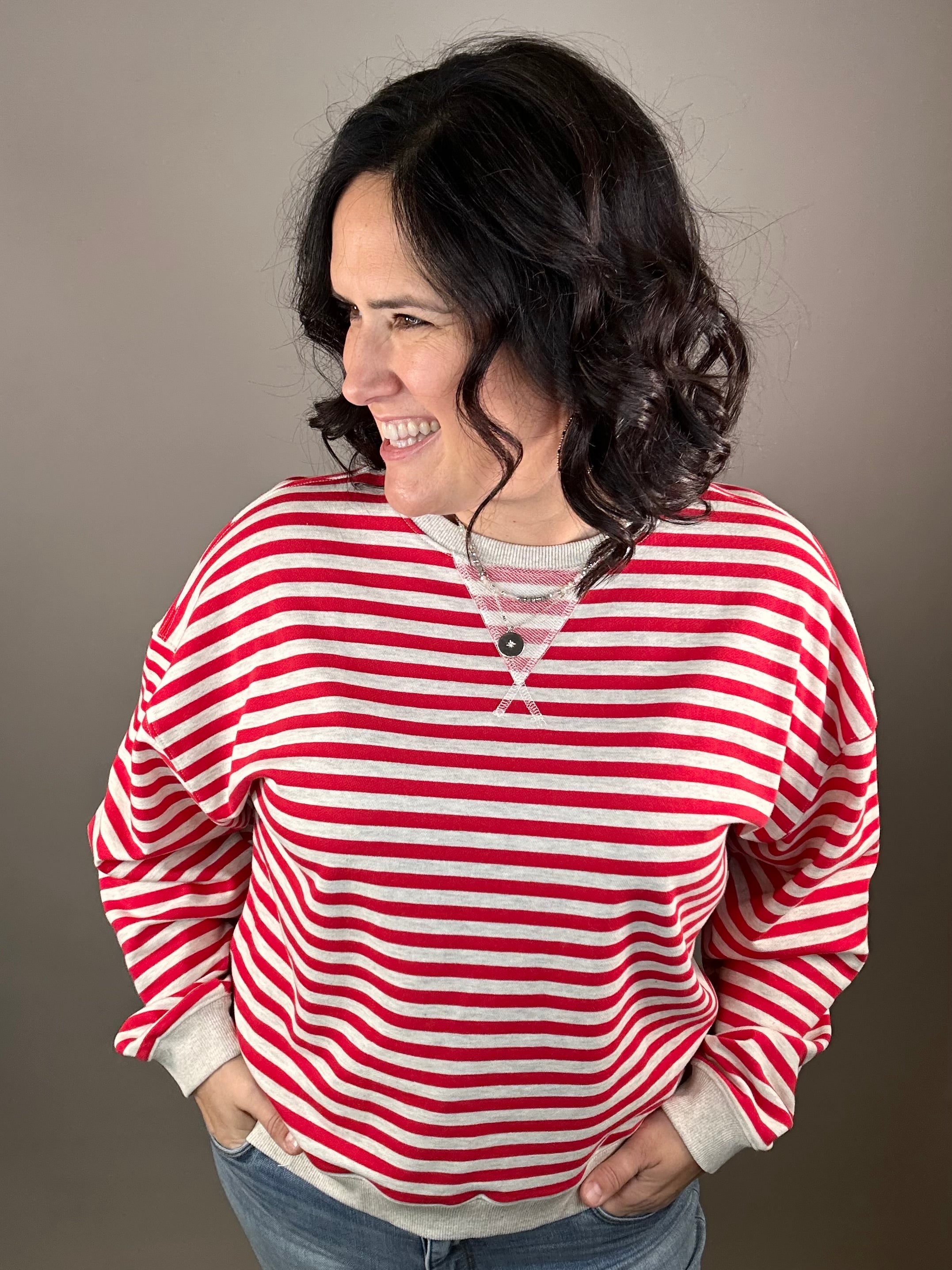 Red/Grey Striped Pullover Top- Sweatshirt MIOU MUSE
