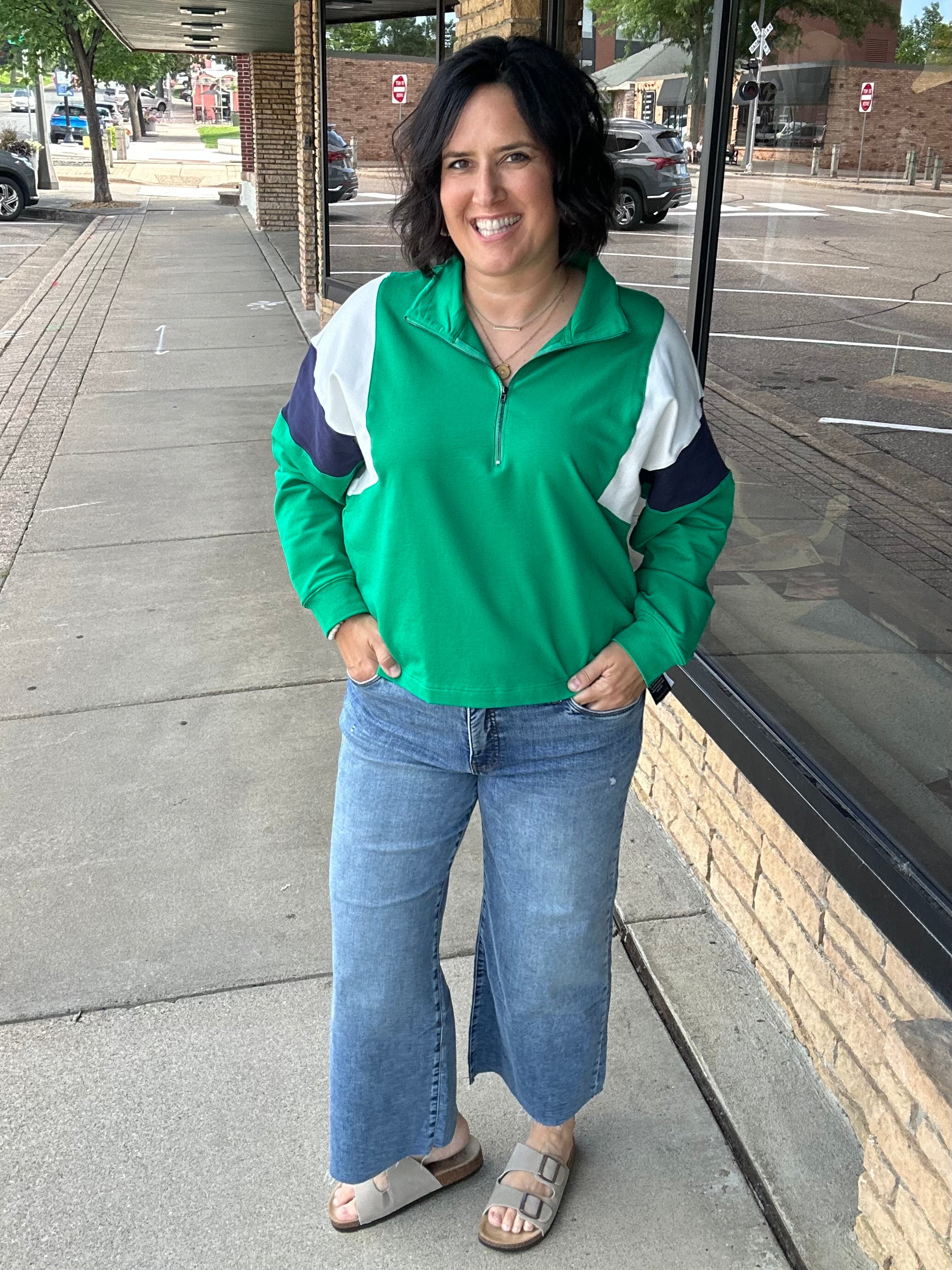 Green & Navy Combo Half Zip Oversized Sweatshirt Top - Sweatshirt WISHLIST