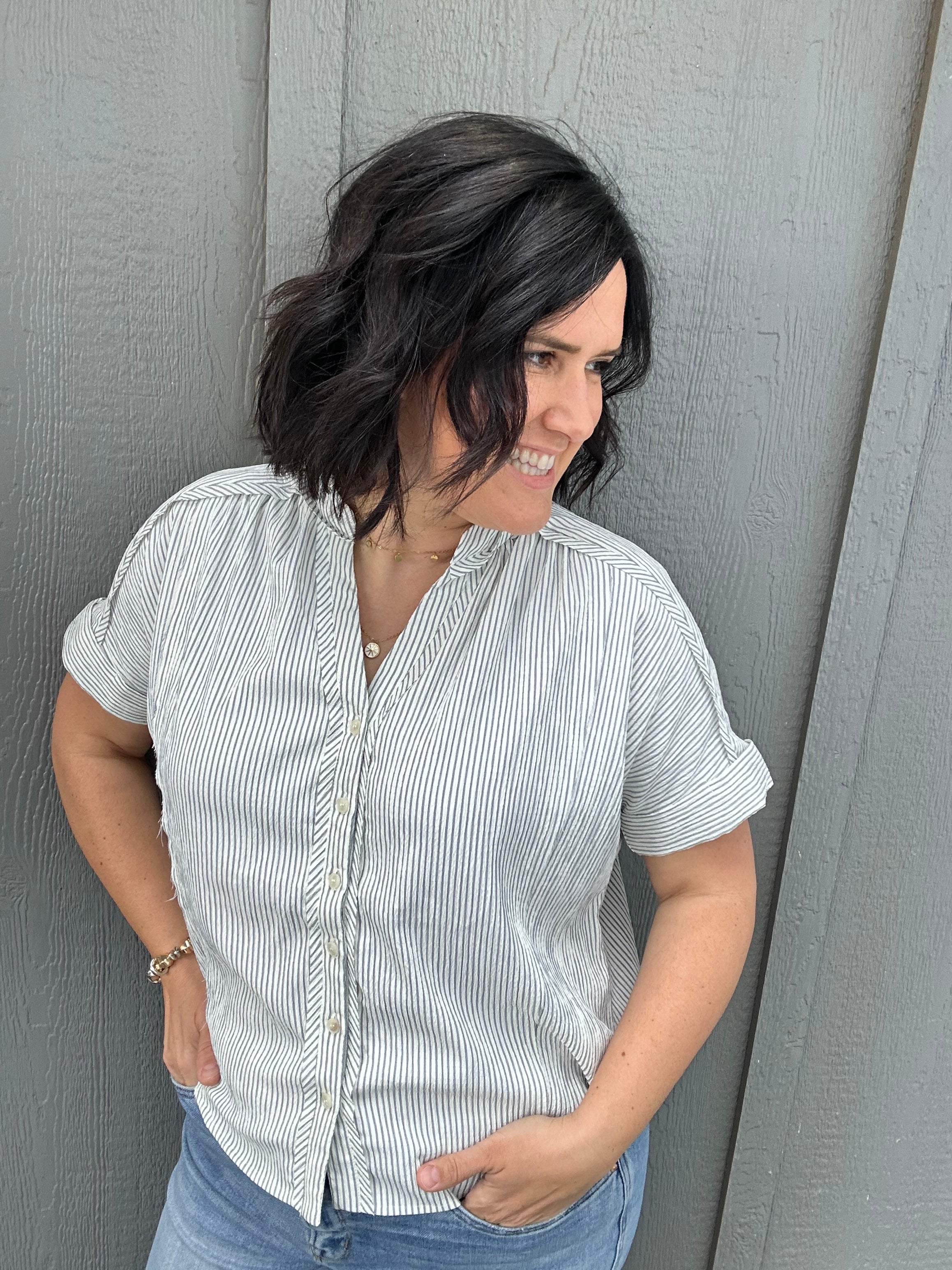 Blue Stripe Button Down Top Tops - Button Ups Doe and Rae