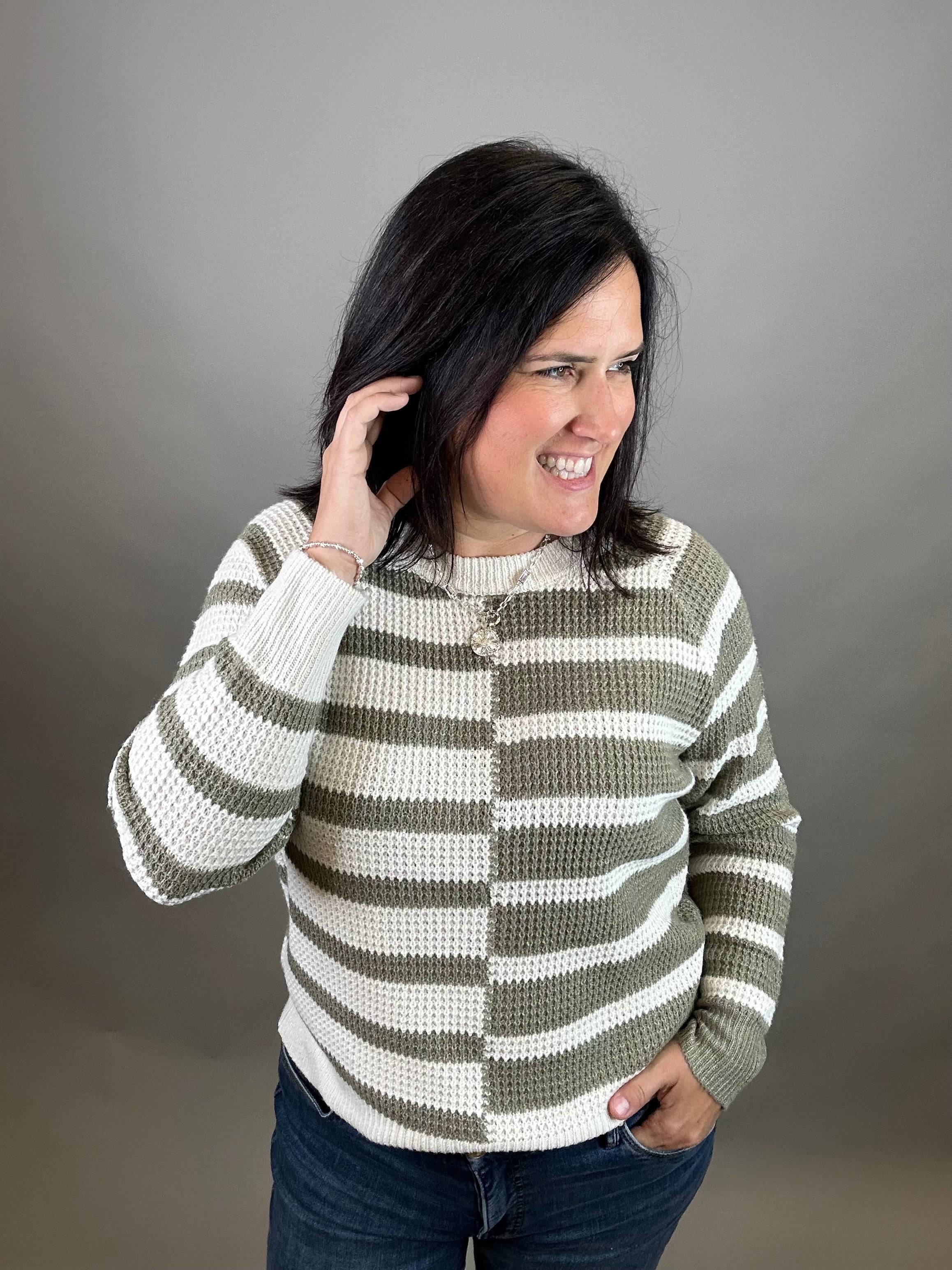 Lt. Olive Multi Stripe Raglan Sweater Top - Sweater STACCATO