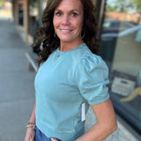 Teal Bubble Sleeve Crew Neck Top Tops- Sweatshirt FATE by LFD