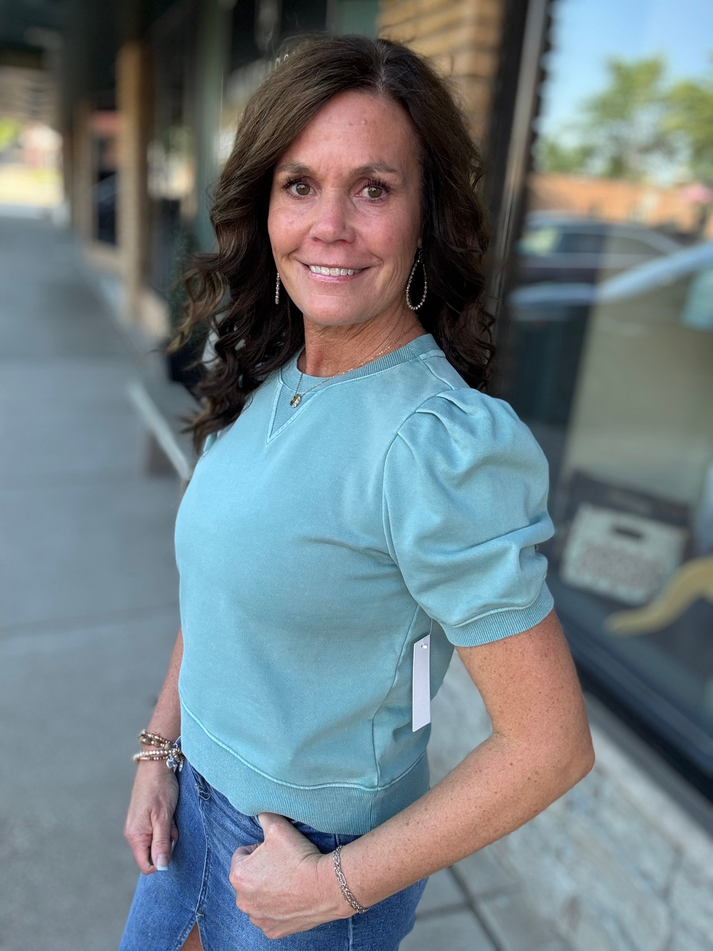Teal Bubble Sleeve Crew Neck Top Tops- Sweatshirt FATE by LFD