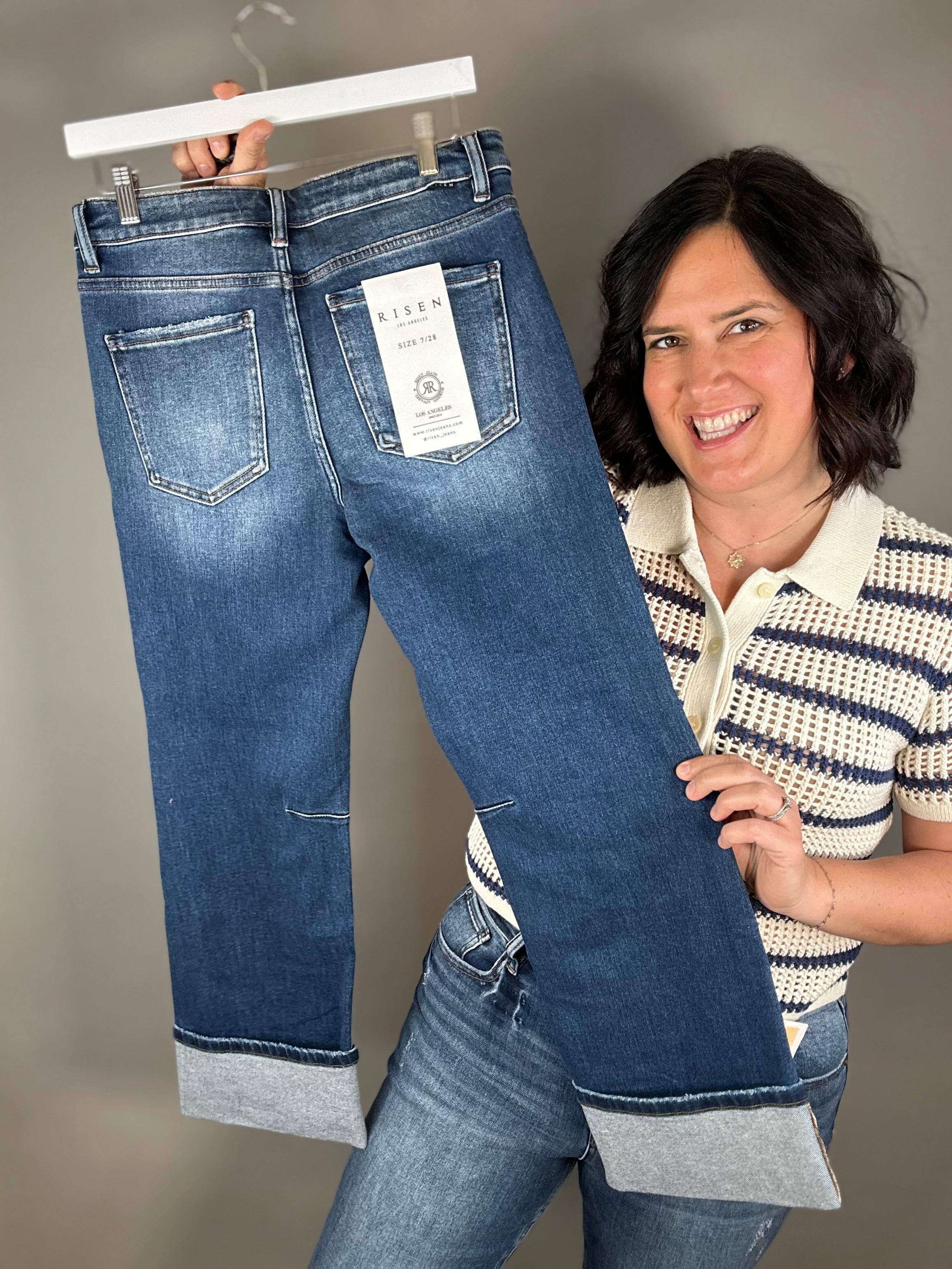 Dark High Rise Straight Cuff Hem Jeans Bottoms - Pants RISEN