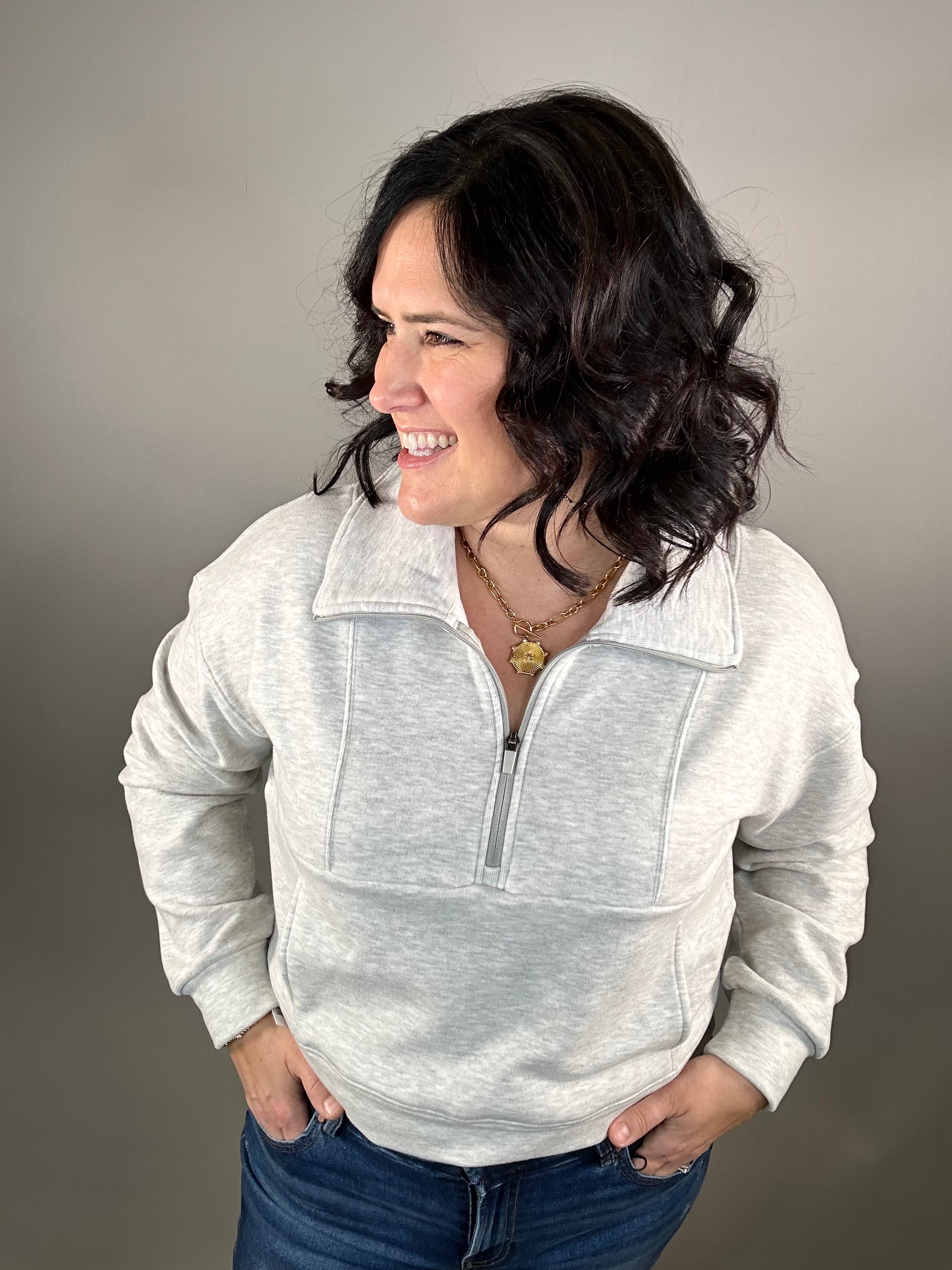 Heather Grey Plush 1/2 Zip Sweatshirt Top- Sweatshirts FLAG AND ANTHEM