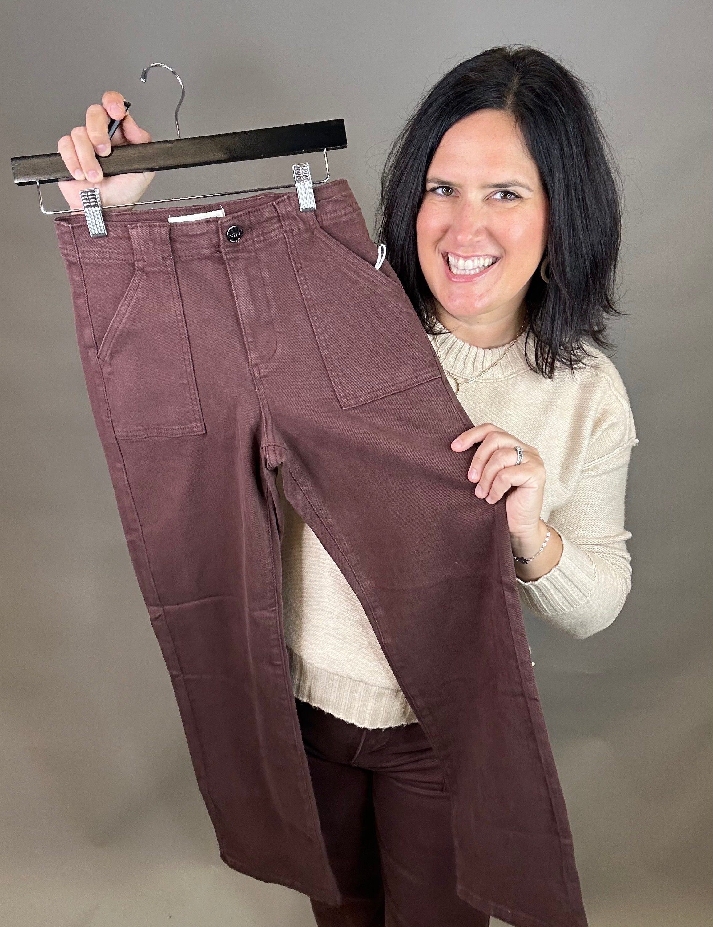 Brown Ankle Flare Patch Pocket Jeans Bottom- Pants RISEN
