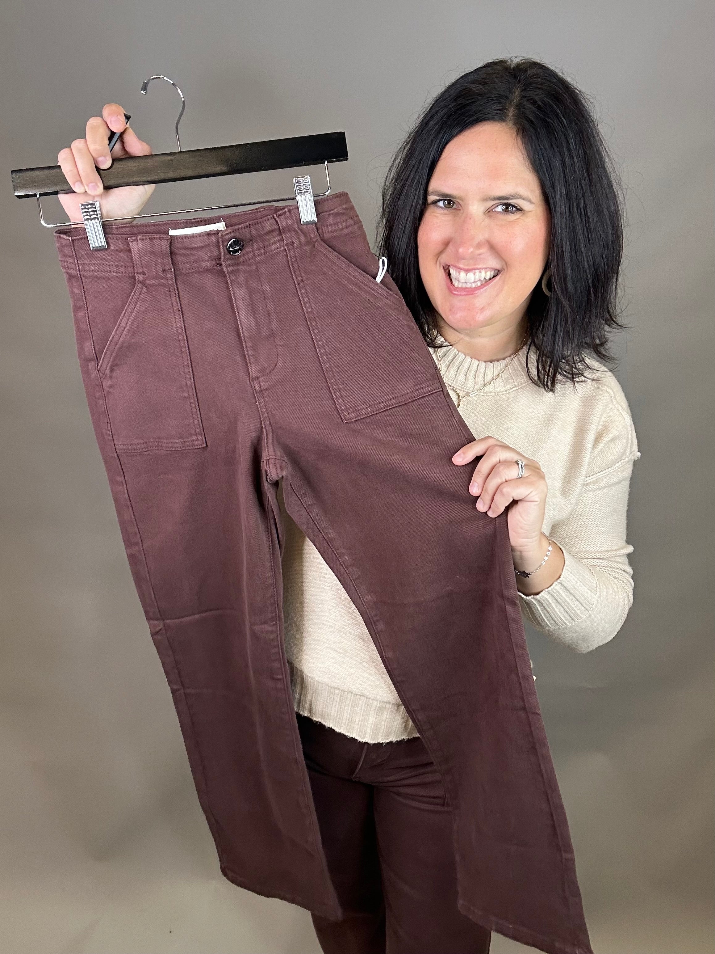Brown Ankle Flare Patch Pocket Jeans Bottom- Pants RISEN