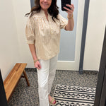 Tan Striped Puff Sleeve Pullover Top Tops- Blouses DOE & RAE