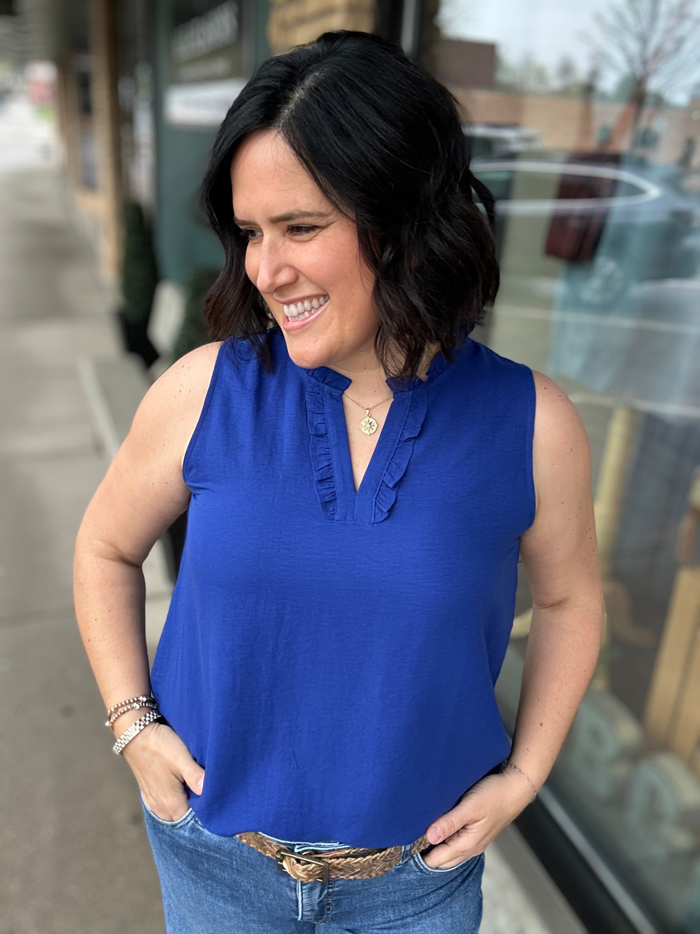 Royal Ruffle V Neck Sleeveless Tops- Blouses STACCATO