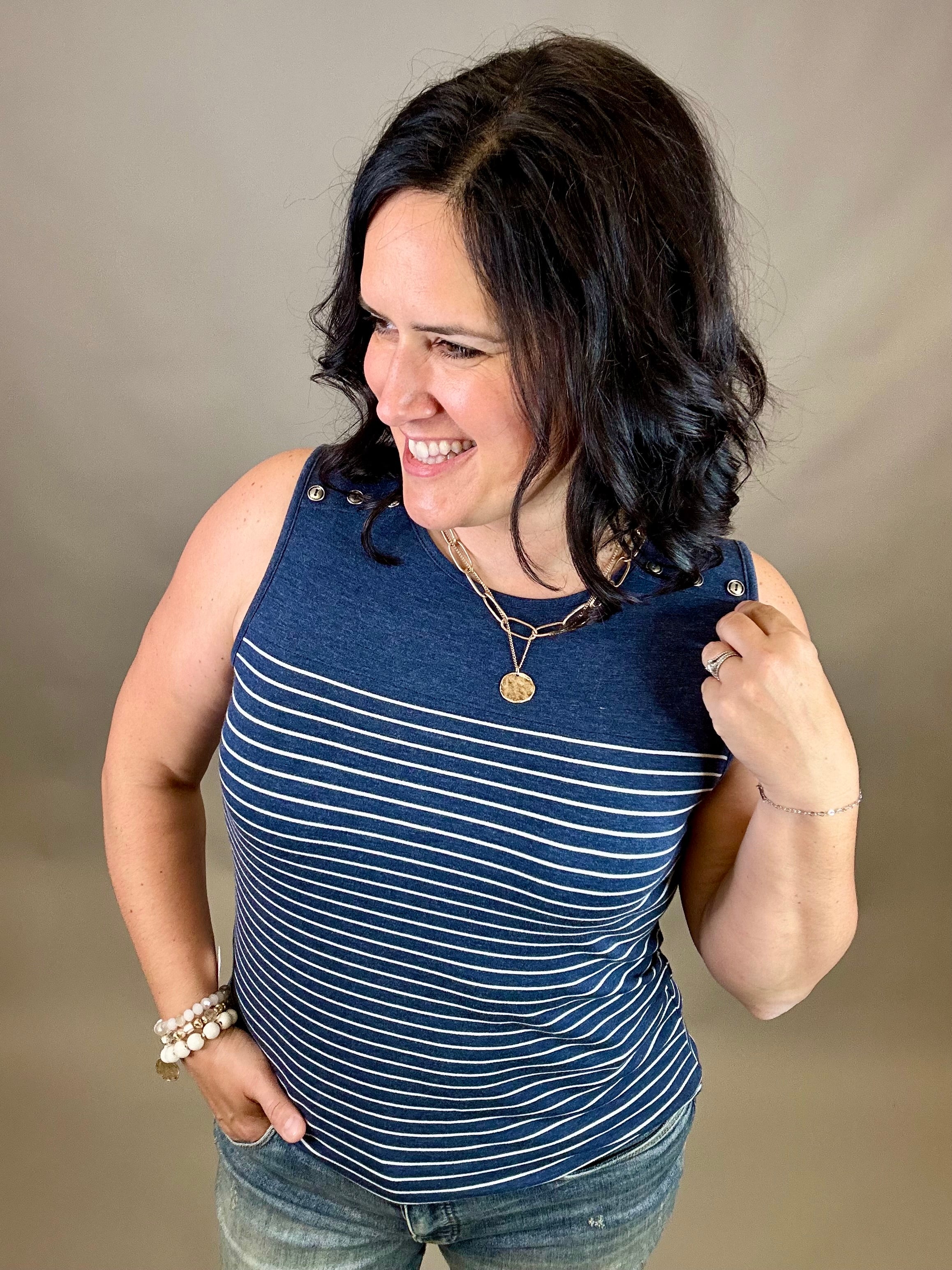 Navy Button Shoulder Sleeveless Tee Tops- Tanks STACCATO