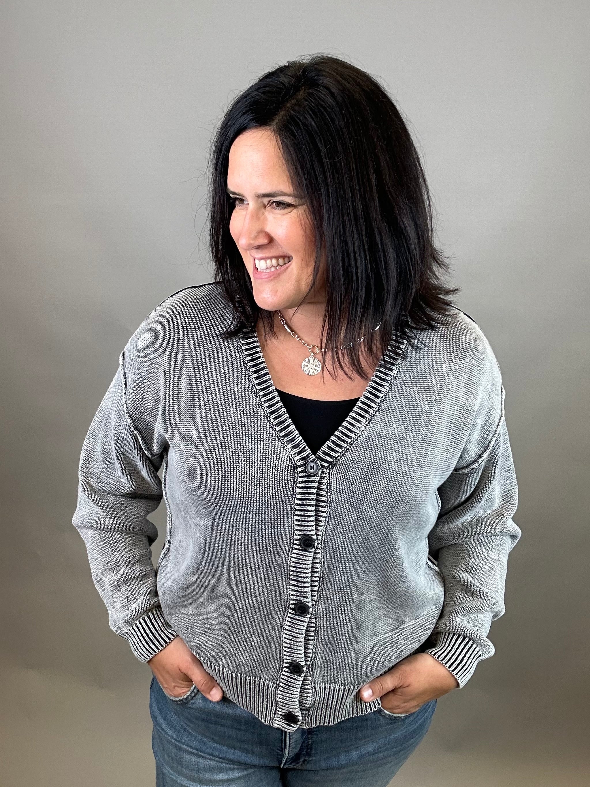 Washed Black Button Front Cardigan Tops- Cardigans EE:SOME