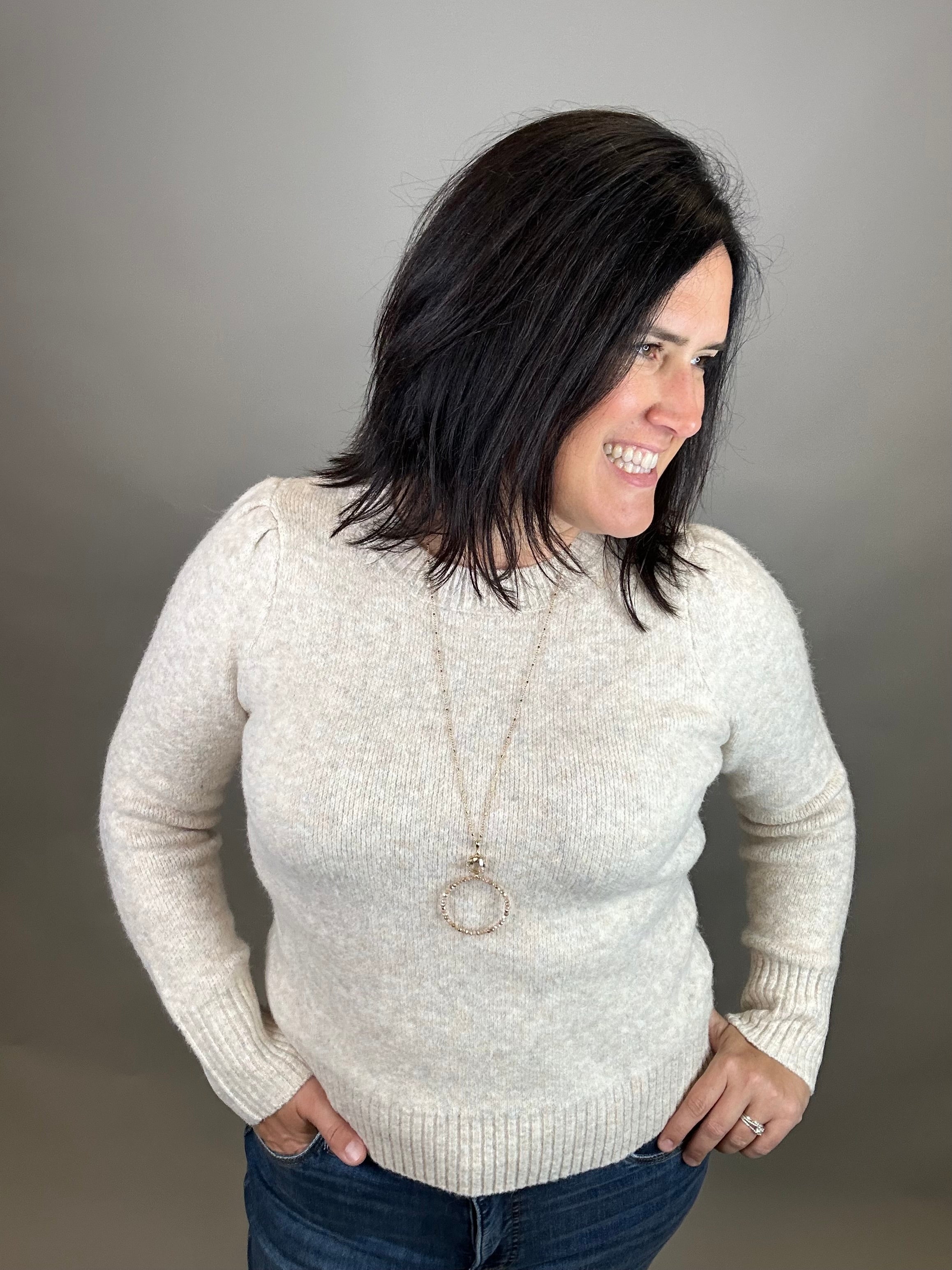 Oatmeal Puff Sleeve Sweater Top - Sweater STACCATO