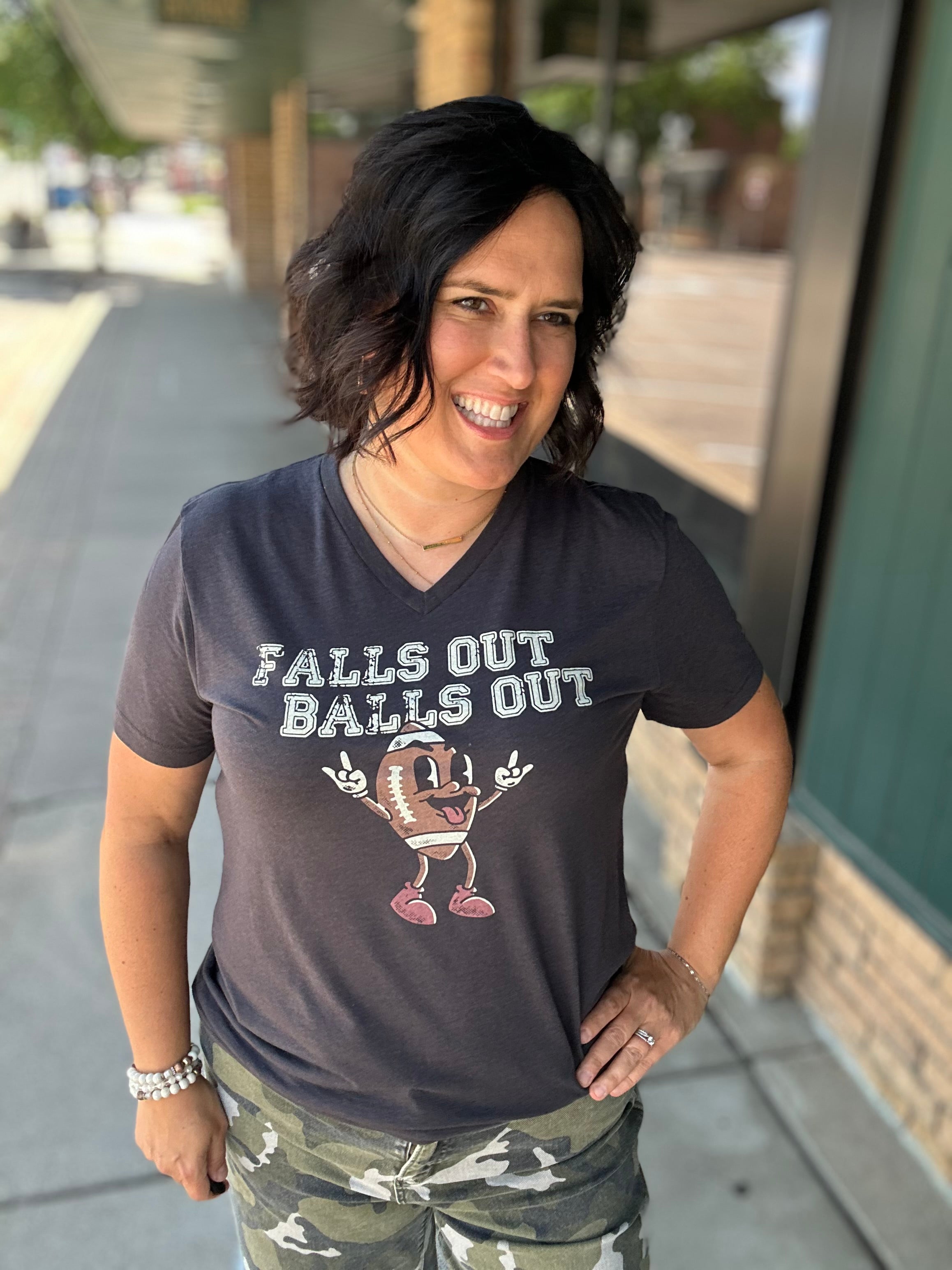 Falls Out Balls Out Football V-Neck Tops- Tees MUGSBY