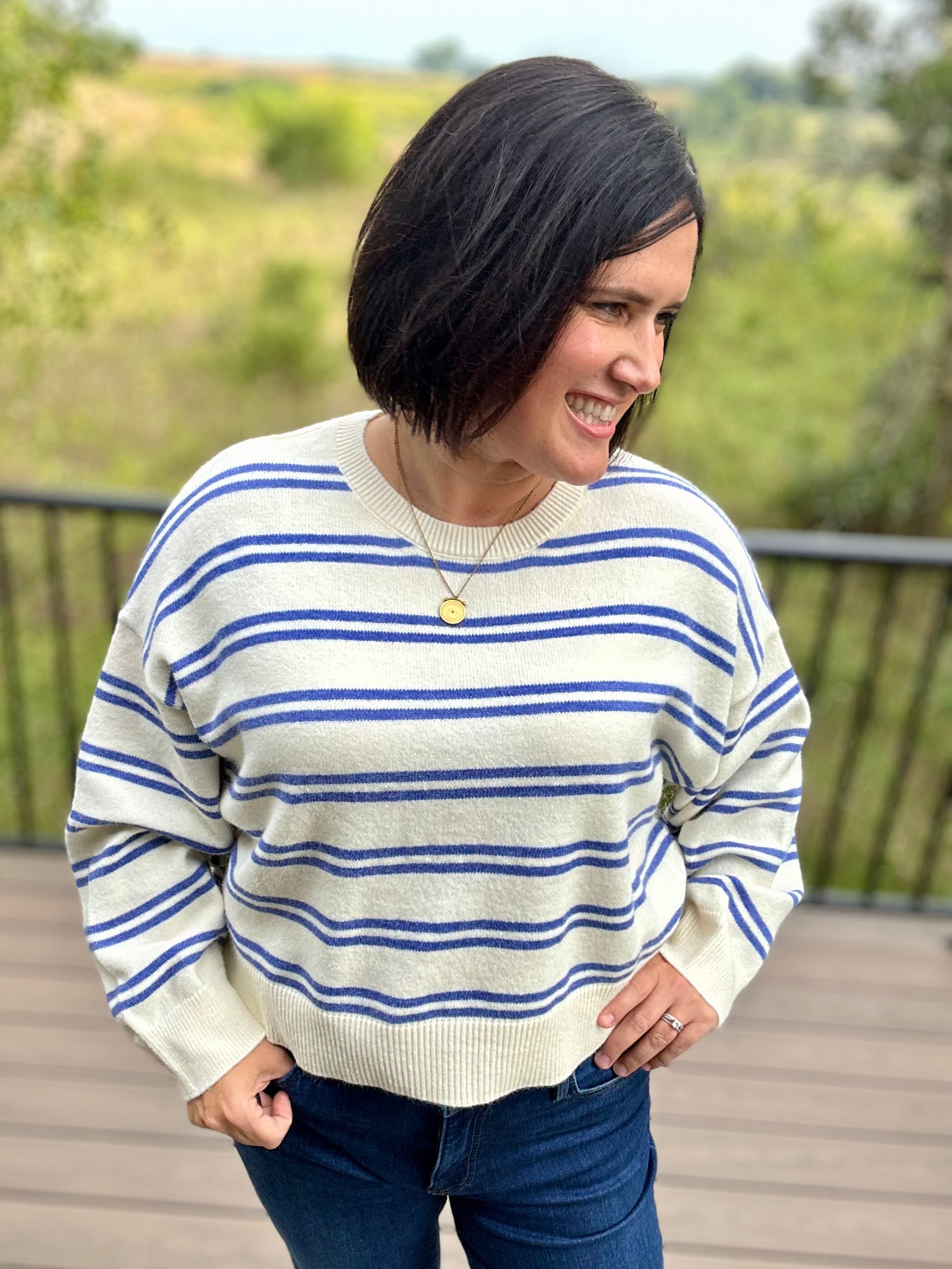 Cream Blue Stripe Oversized Sweater Top - Sweater Le Lis