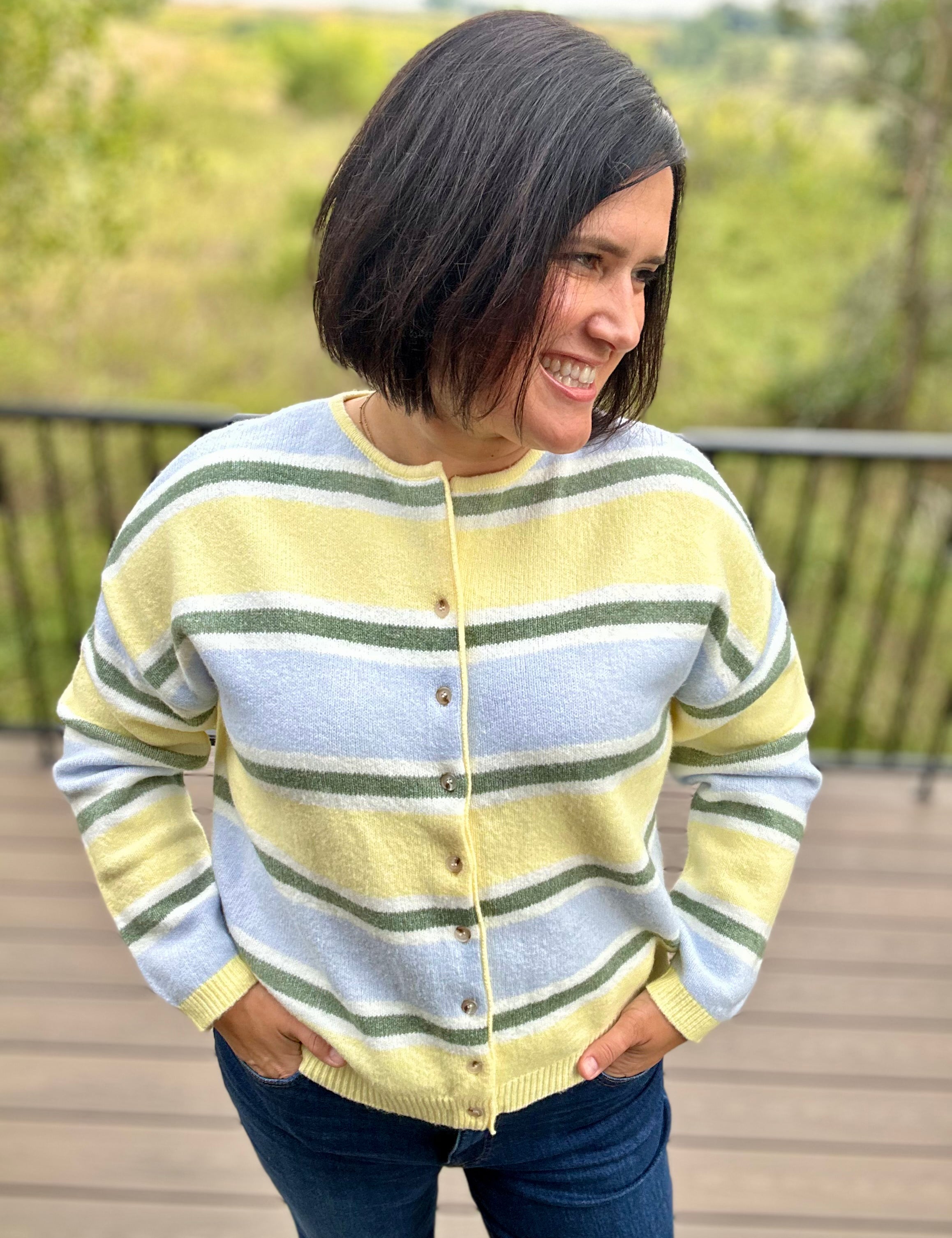 Butter Blue Sage Stripe Cardigan Tops- Cardigans Le Lis