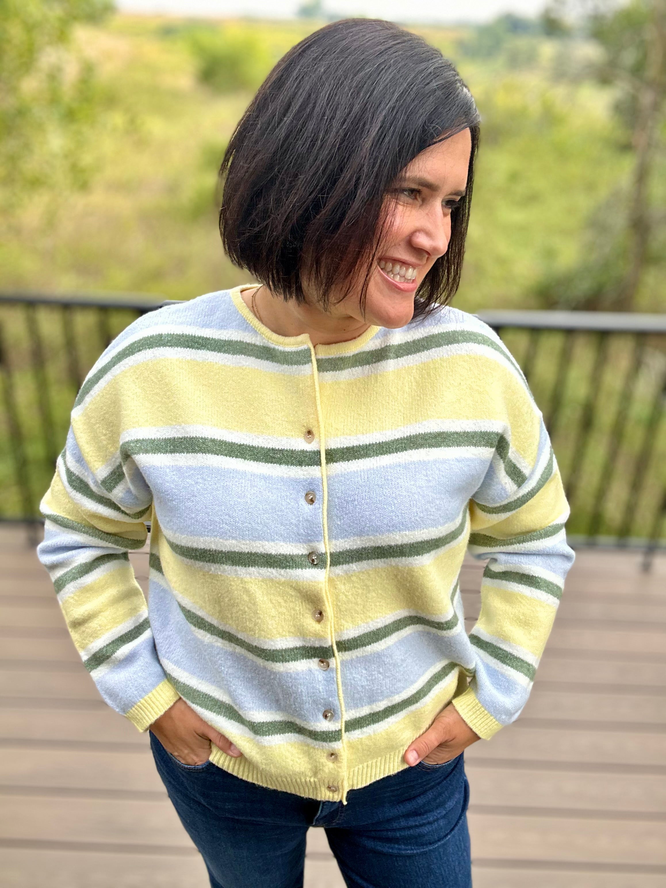 Butter Blue Sage Stripe Cardigan Tops- Cardigans Le Lis