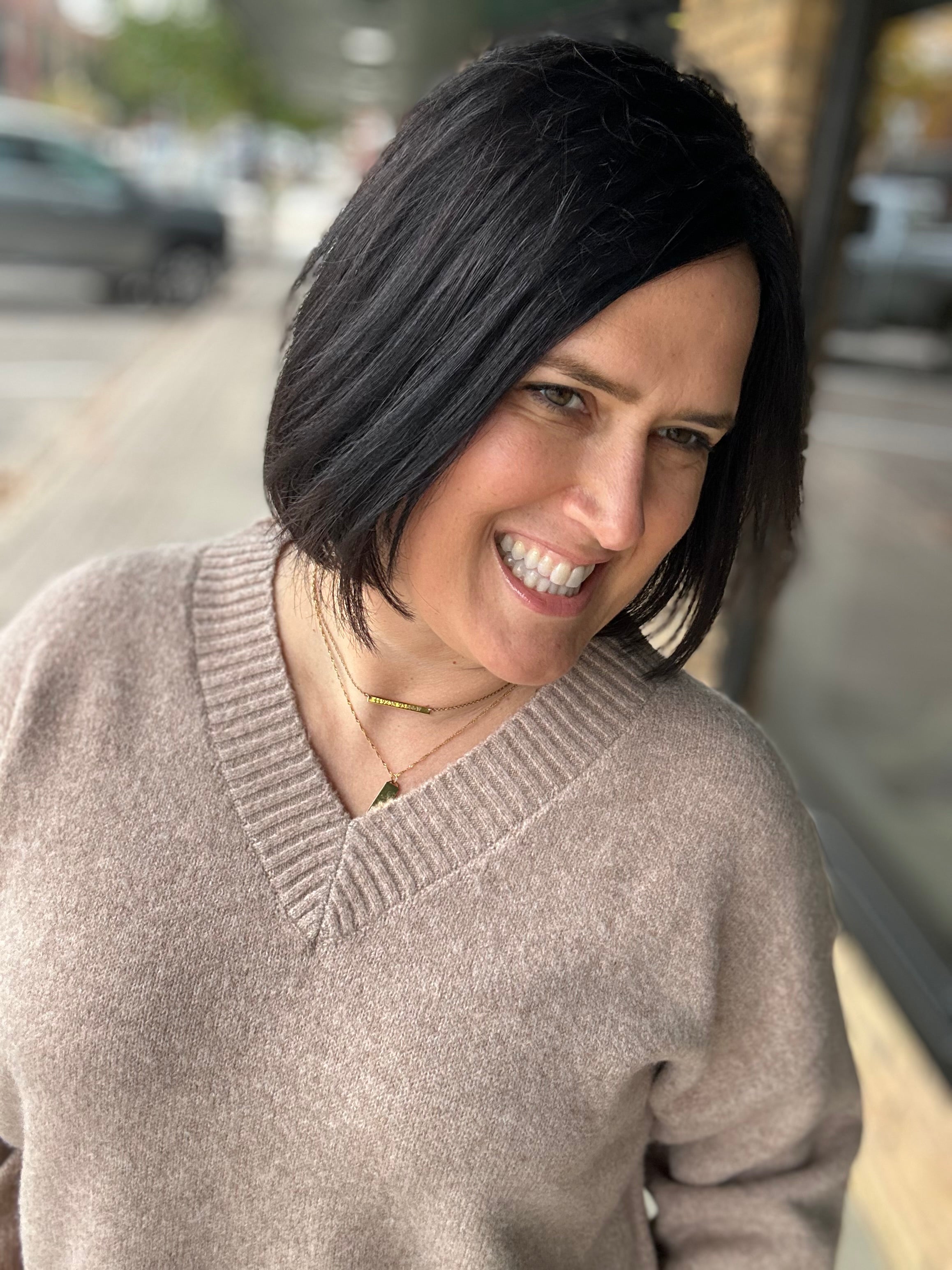 Mocha V-Neck Basic Sweater Top - Sweater HEM & THREAD