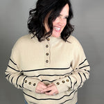 Mocha Striped Half Button Sweater Top - Sweater MIOU MUSE