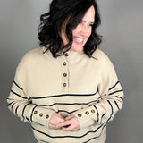 Mocha Striped Half Button Sweater Top - Sweater MIOU MUSE