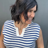 Ivory & Blue Split Neck Sweater Top - Sweater STACCATO