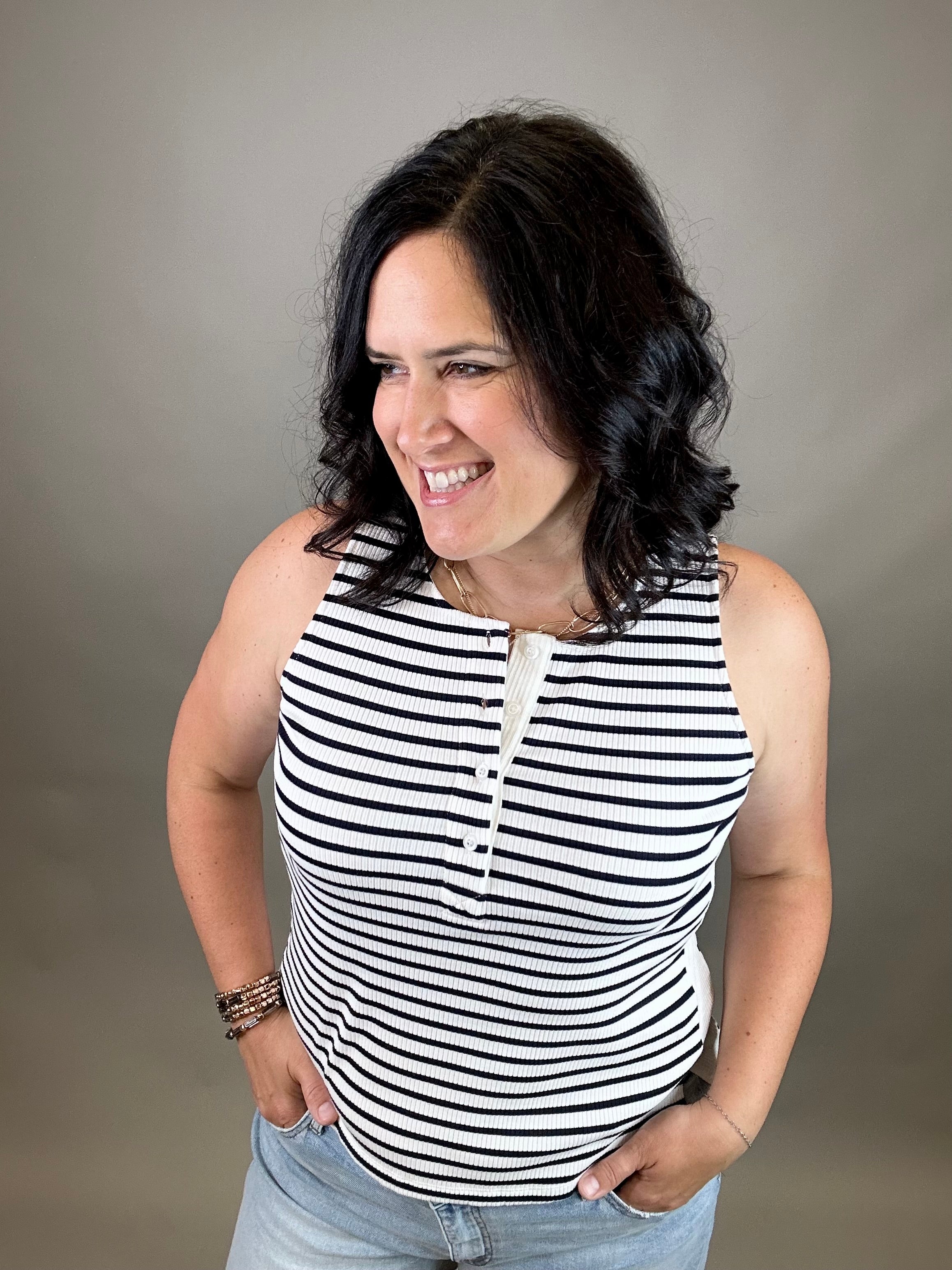 White/Navy Striped Ribbed Sleeveless Top Tops- Tanks DOE & RAE
