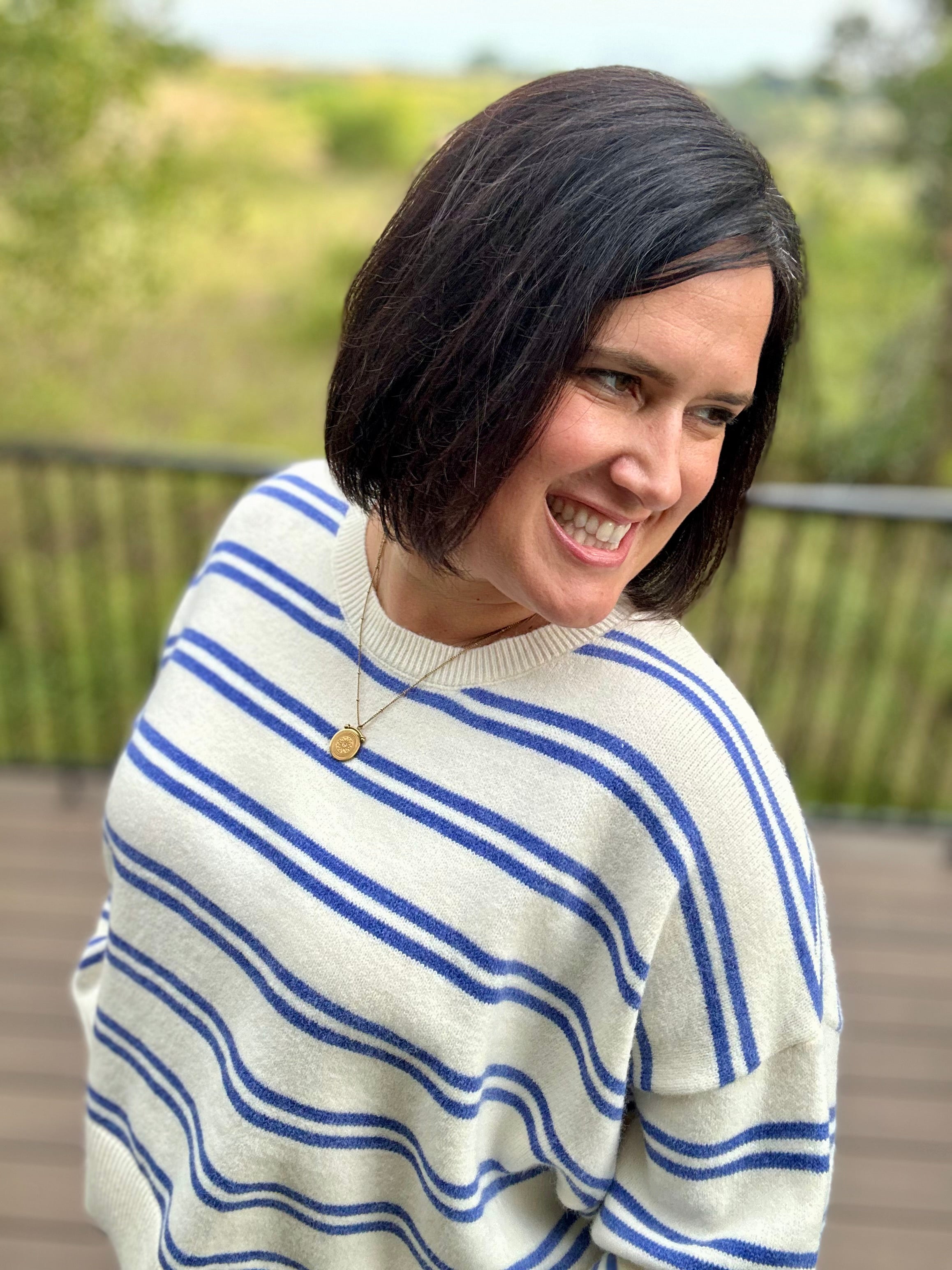Cream Blue Stripe Oversized Sweater Top - Sweater Le Lis