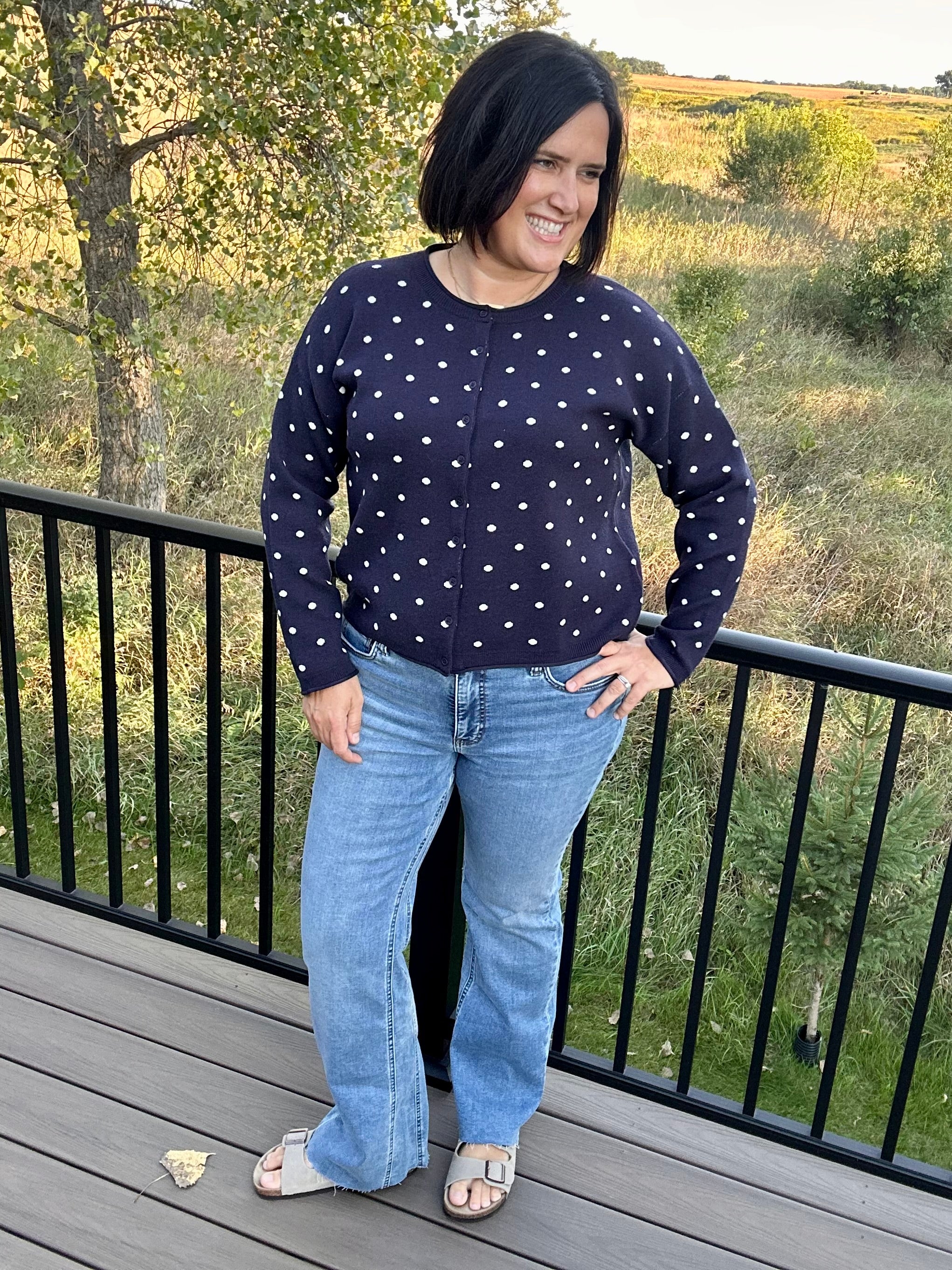 Navy Polka Dot Button Front Cardigan Tops- Cardigans Pologram