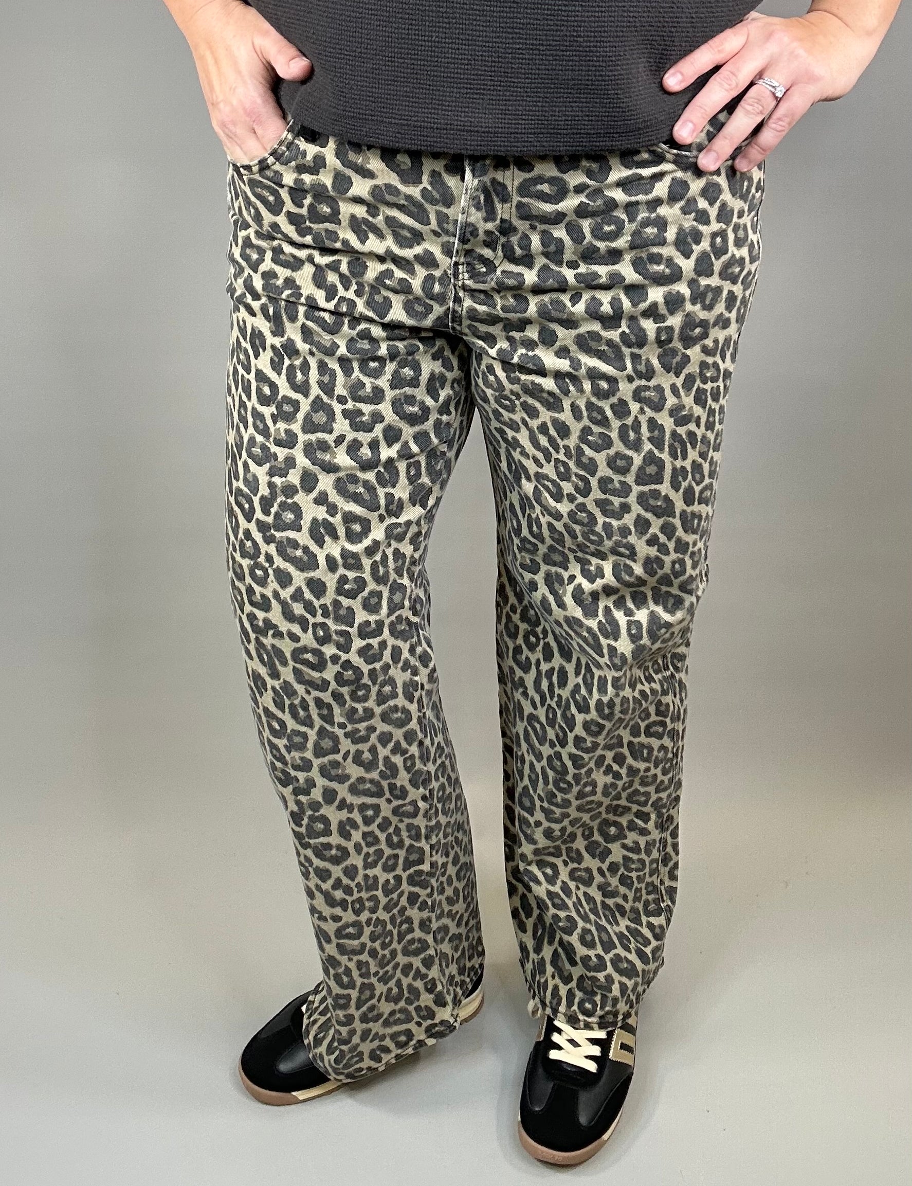 Coffee Leopard Wide Leg Jeans Bottom- Pants RISEN