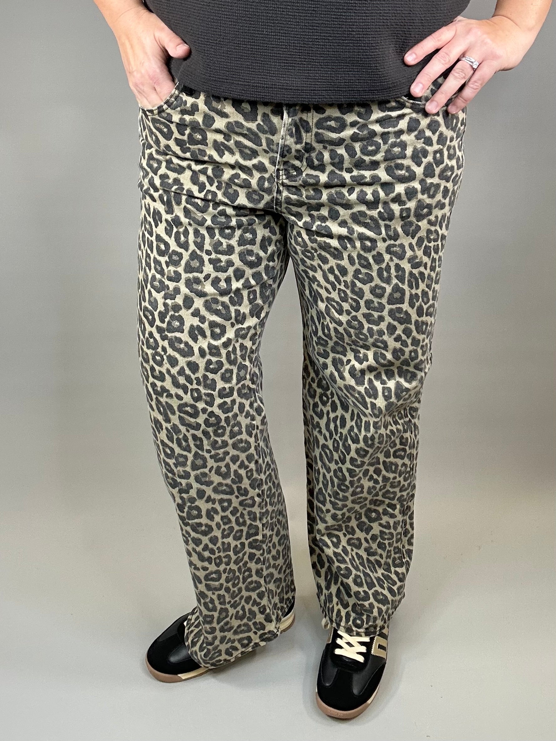 Coffee Leopard Wide Leg Jeans Bottom- Pants RISEN