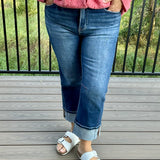 Dark High Rise Straight Cuff Hem Jeans