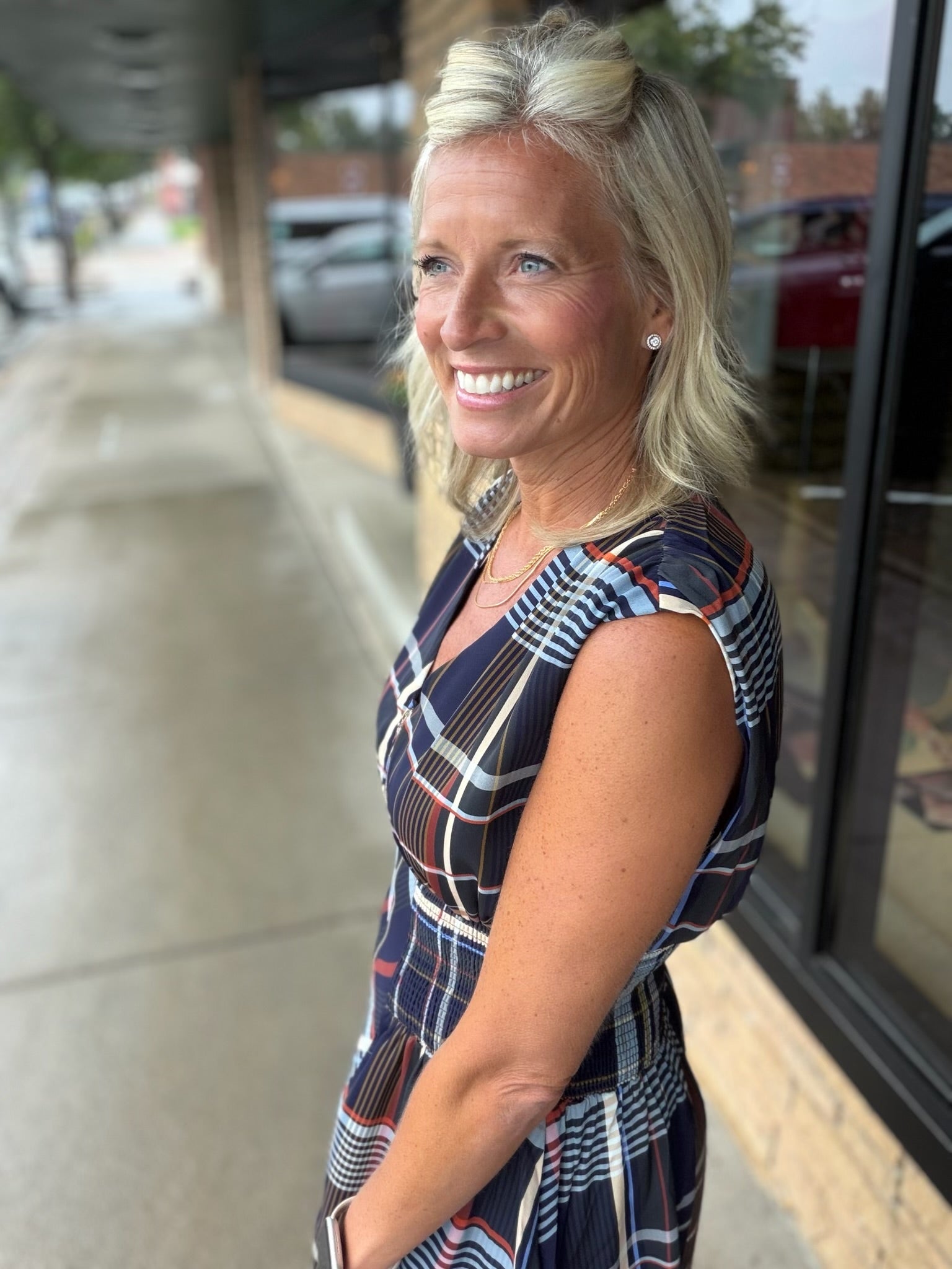 Navy Sleeveless Plaid Midi Dress THML