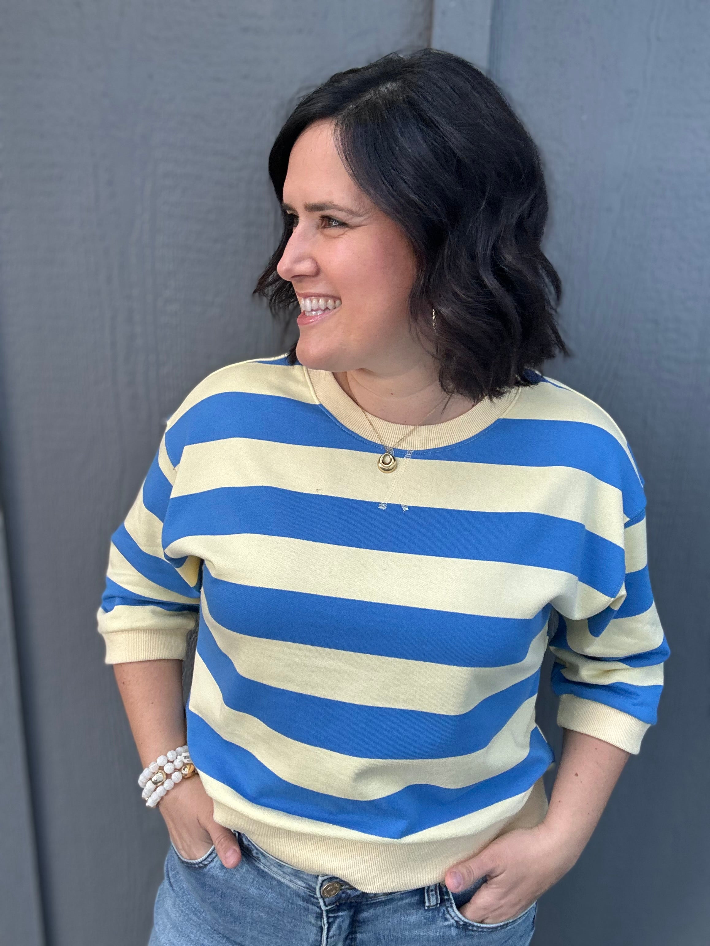 Yellow/Blue Striped Sweatshirt Top - Sweatshirt JODIFL
