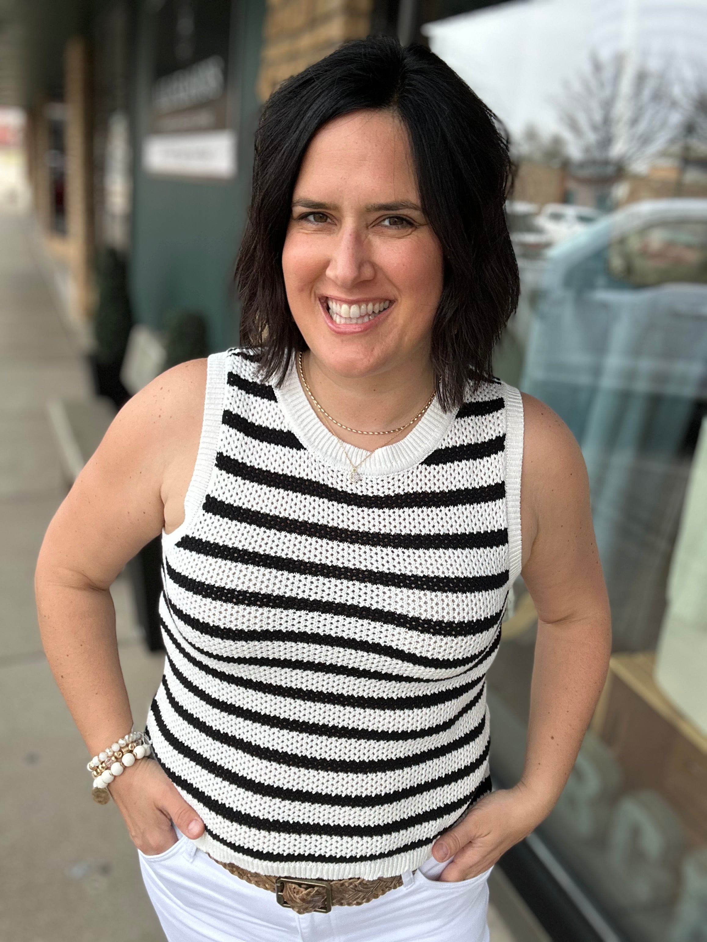 Iris Black & White Stripe Sweater Tank Top - Sweater FLAG AND ANTHEM