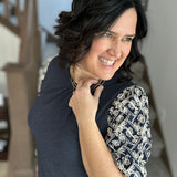 Navy Floral Embroidered Sleeve Top