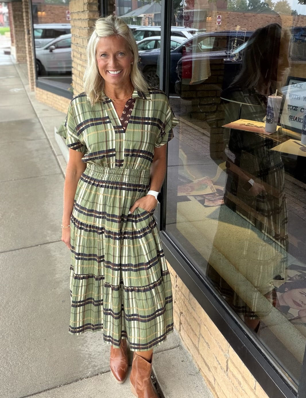 Short Sleeve Cinched Plaid Dress THML