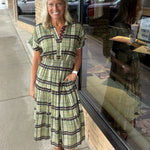 Short Sleeve Cinched Plaid Dress THML